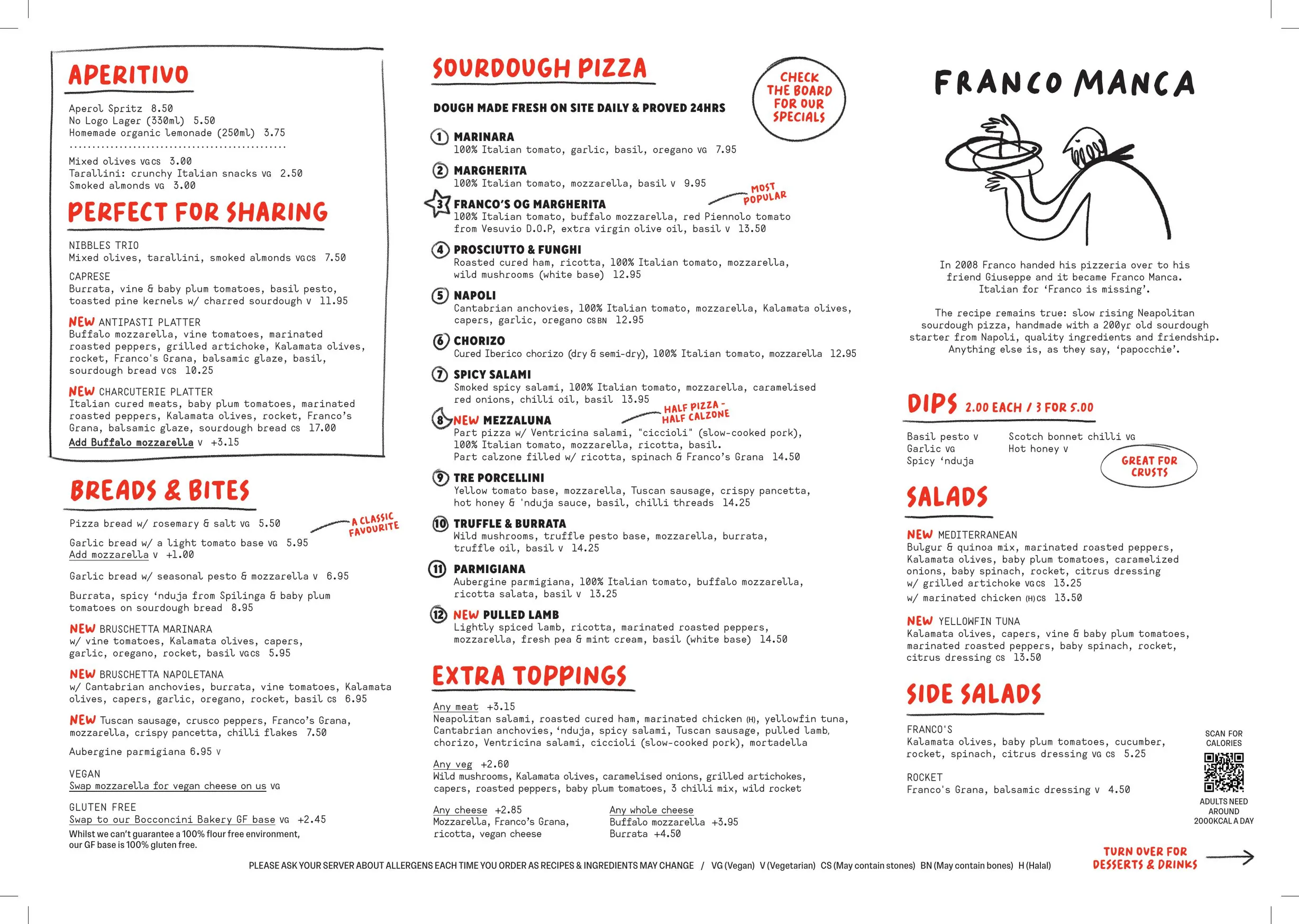 Franco Manca menu, page 1