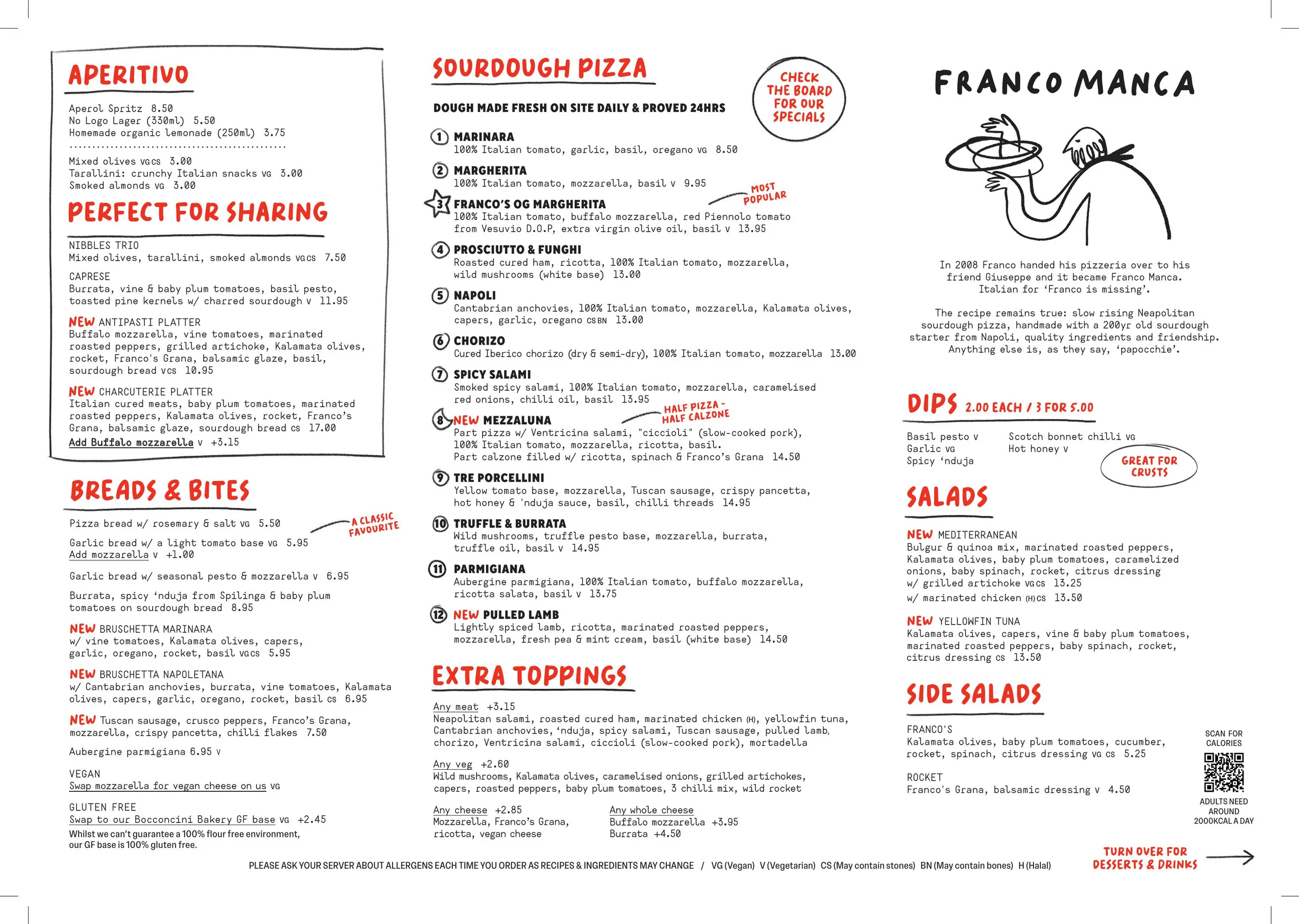 Franco Manca menu, page 1