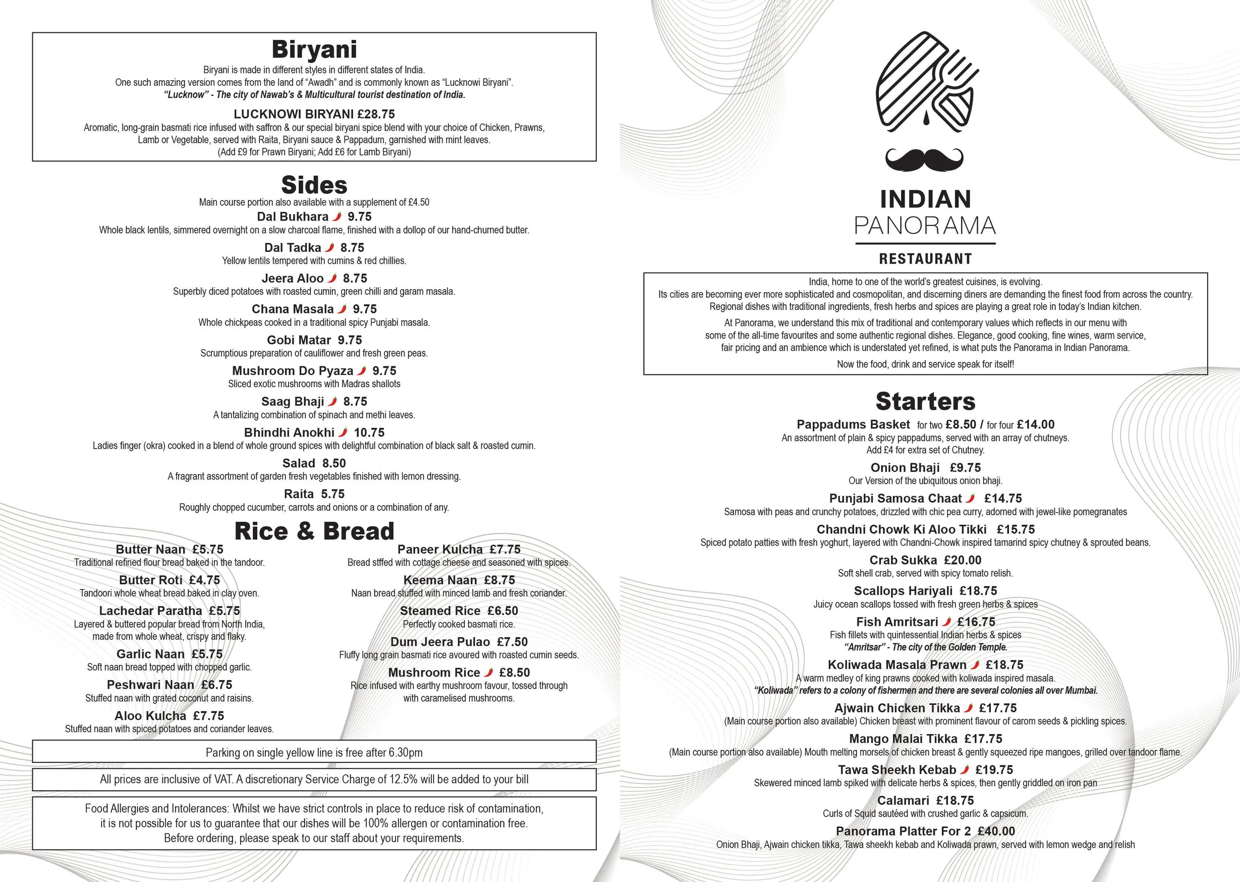 Indian Panorama Chelsea menu, page 1