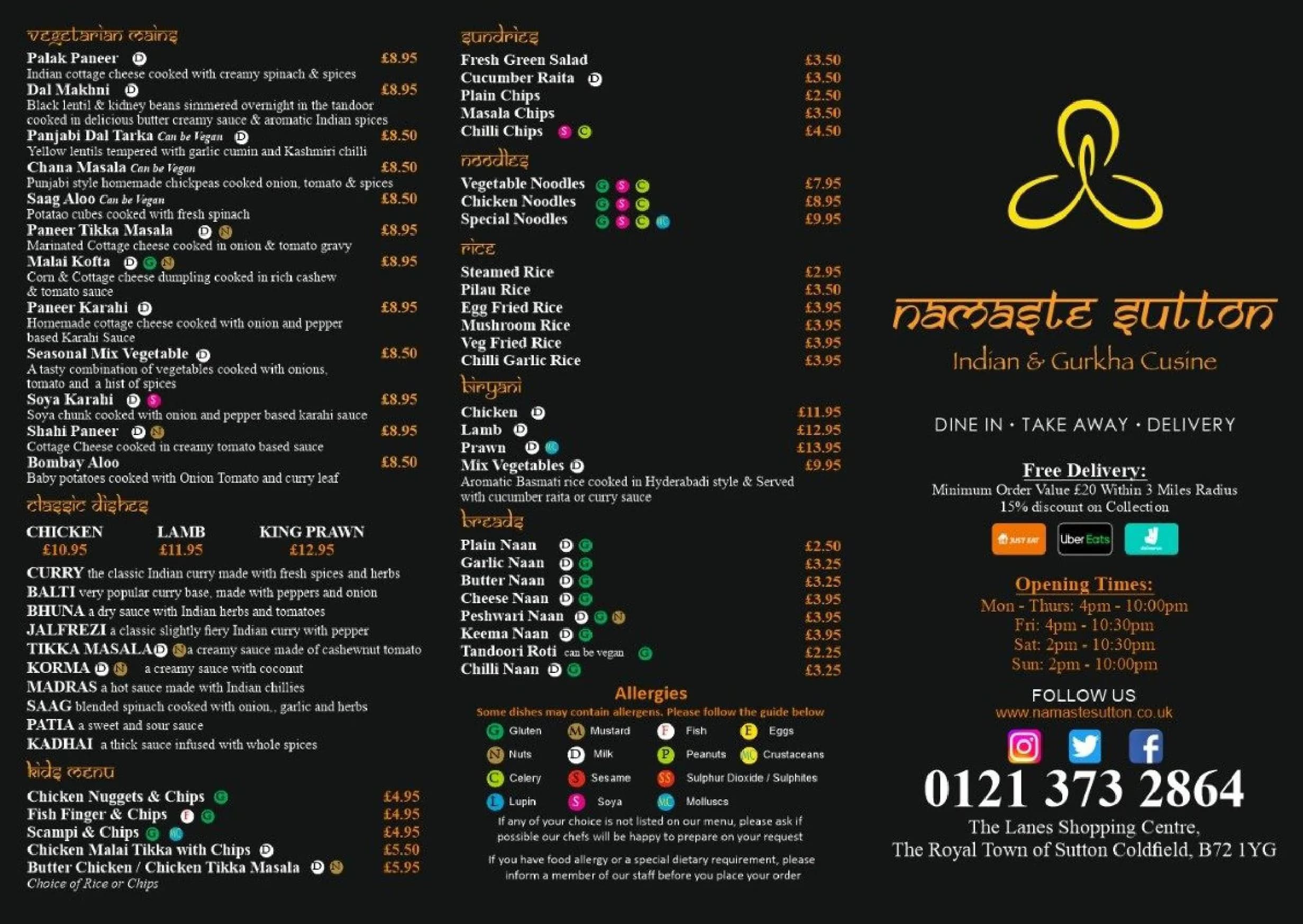 Namaste Sutton menu, page 1