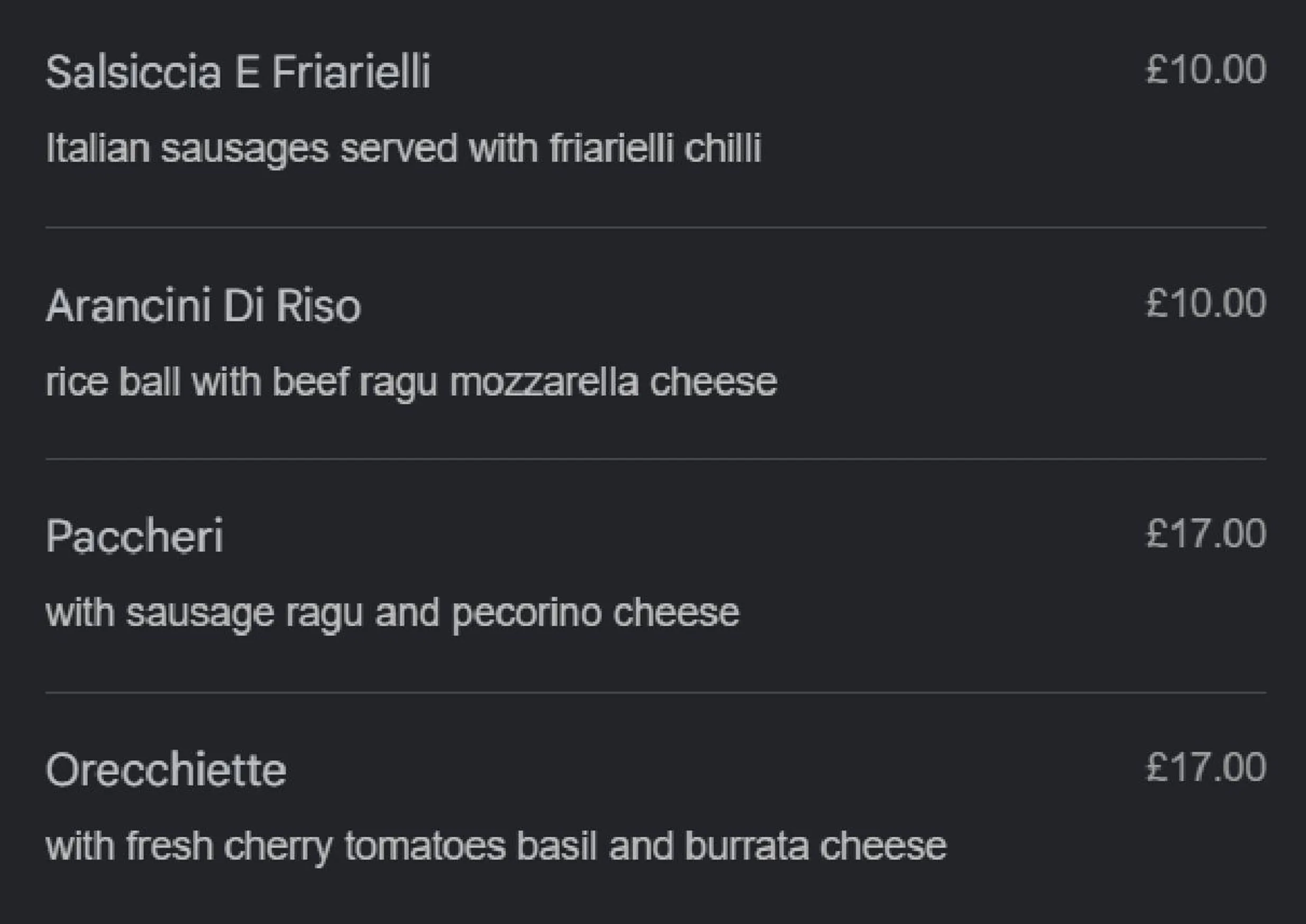 A Tavola menu, page 8