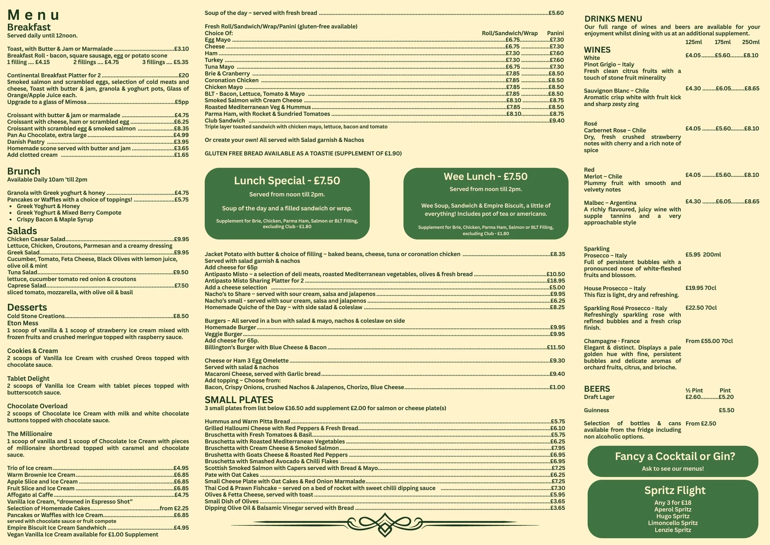 Billingtons menu, page 1