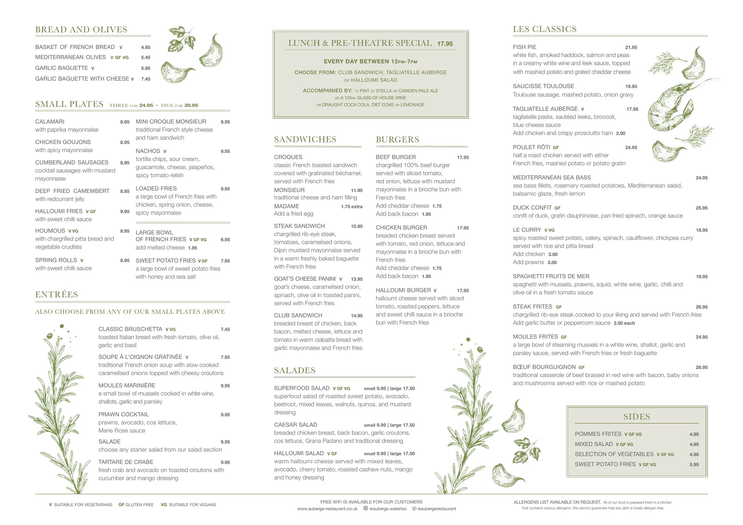 Auberge menu, page 1