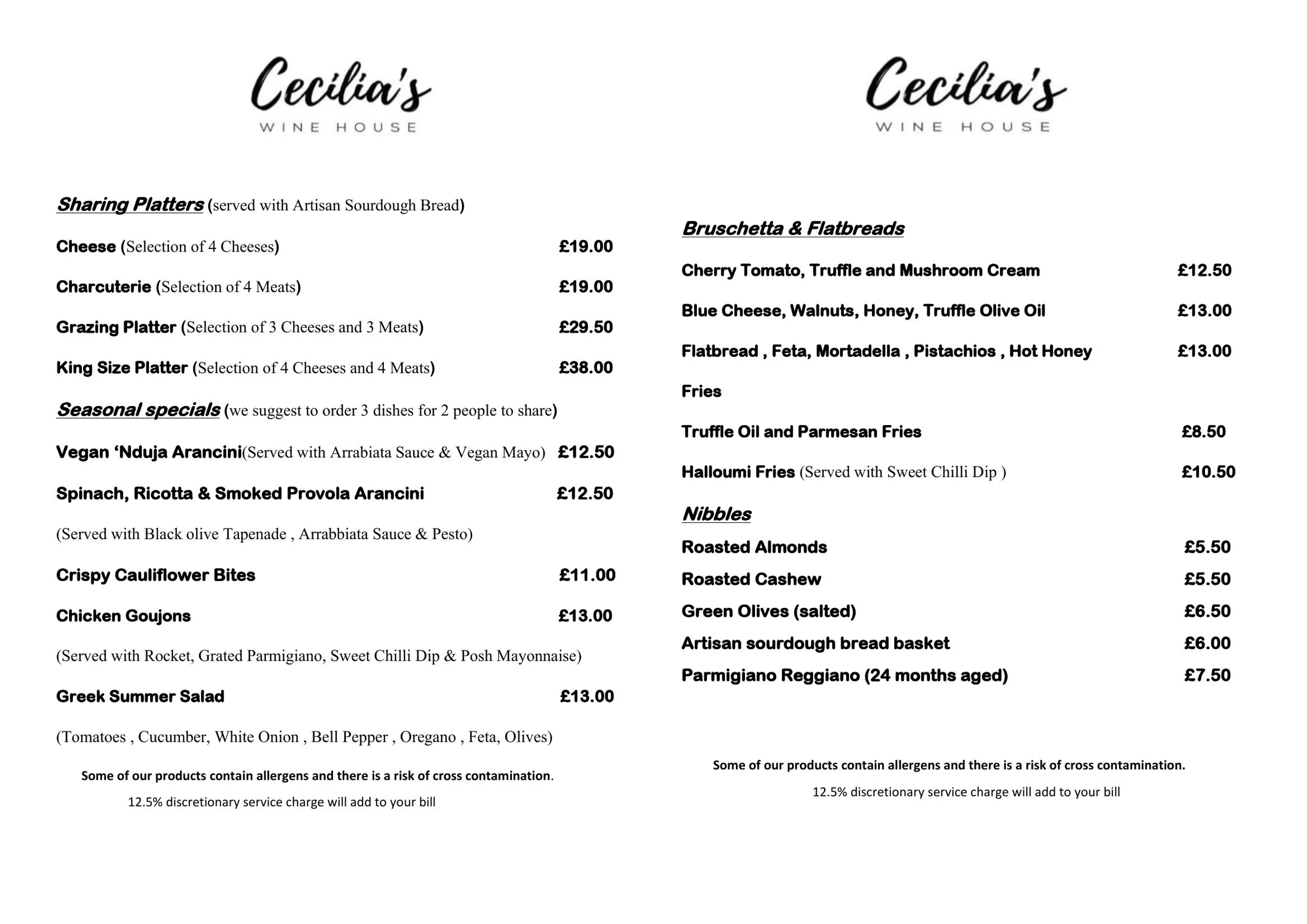 Cecilia's Wine House menu, page 1