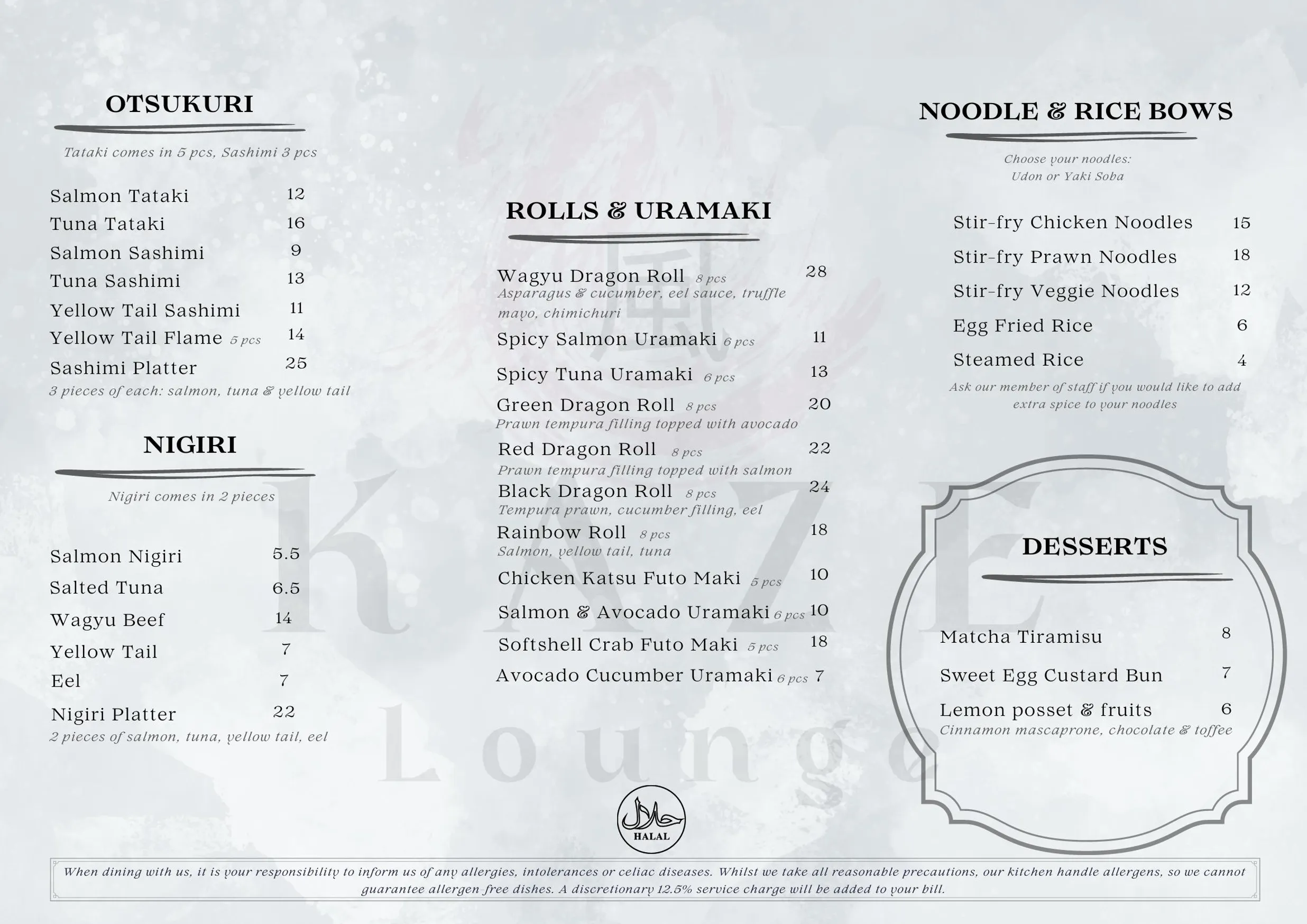Kaze Lounge menu, page 2