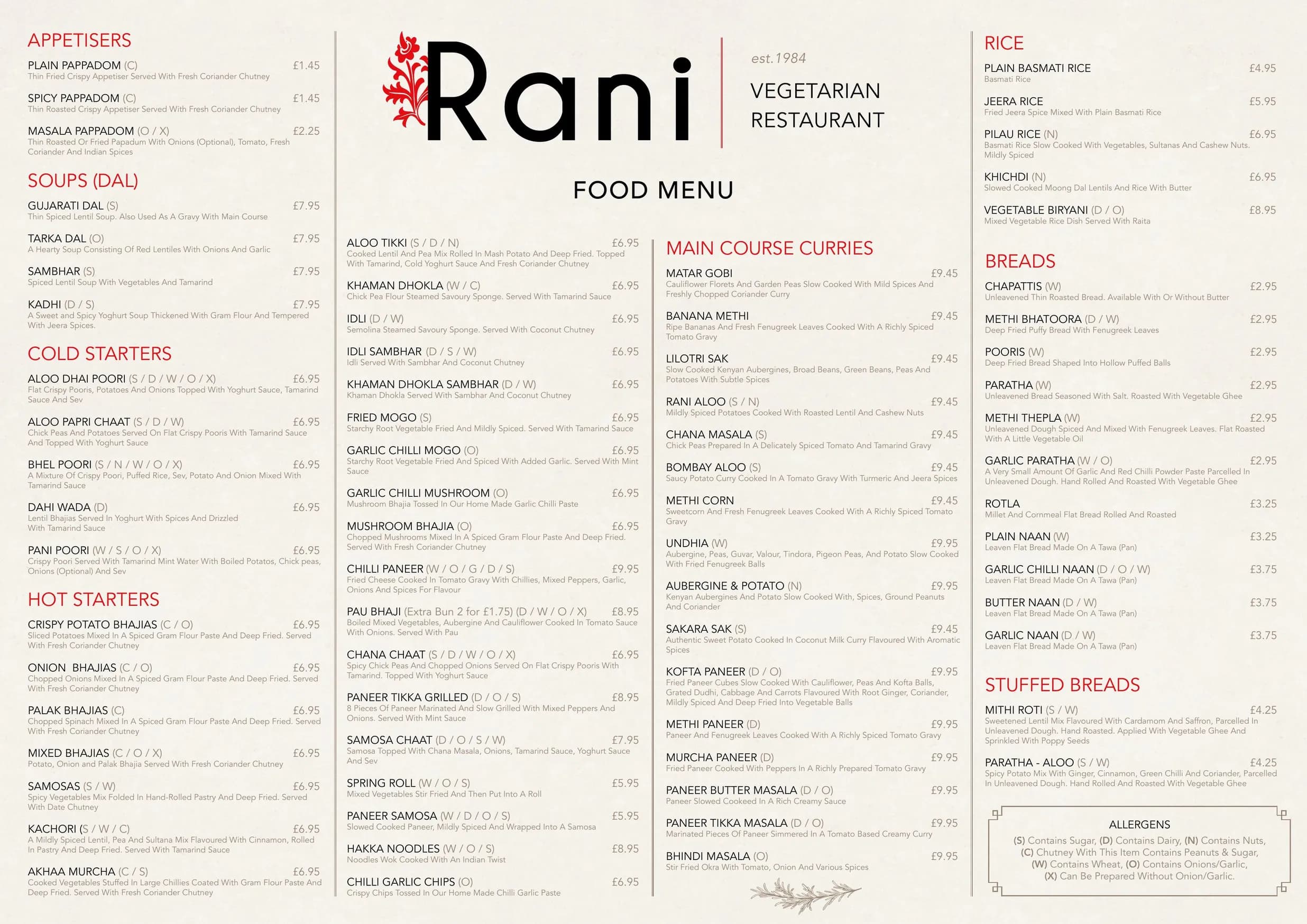 Rani Vegetarian menu, page 1