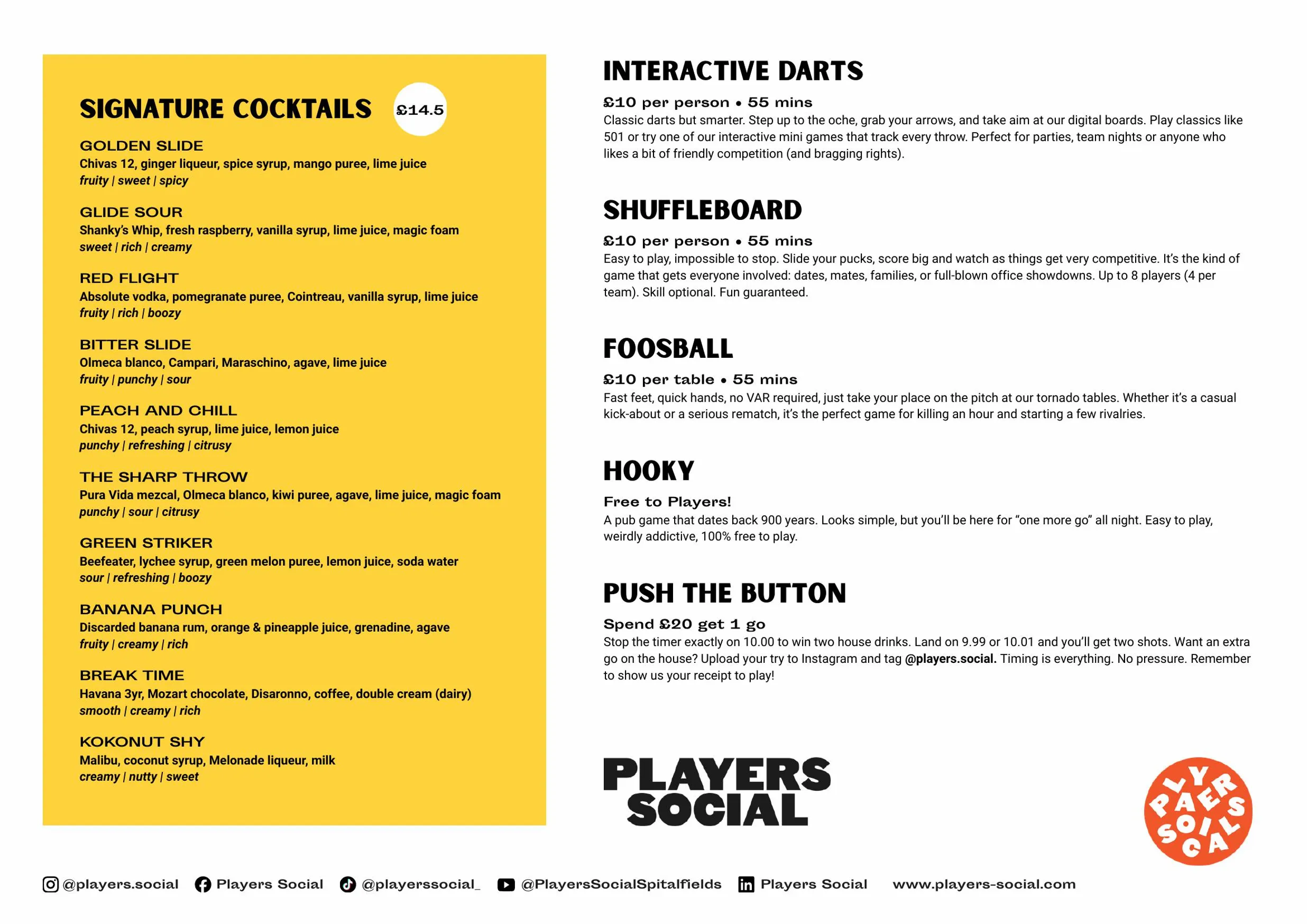 Players Social menu, page 2