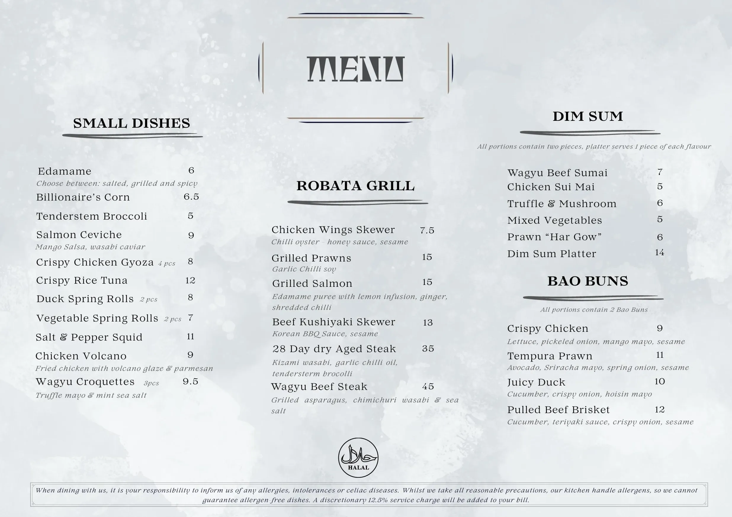 Kaze Lounge menu, page 1
