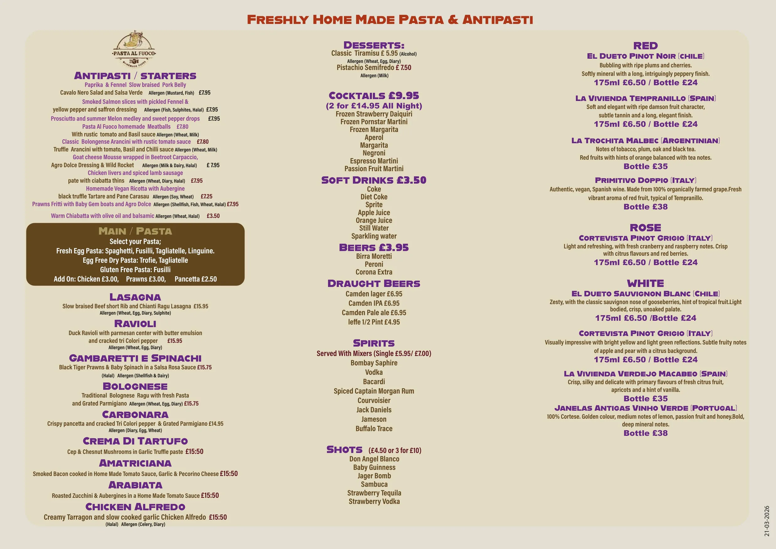 Pasta Al Fuoco menu, page 1