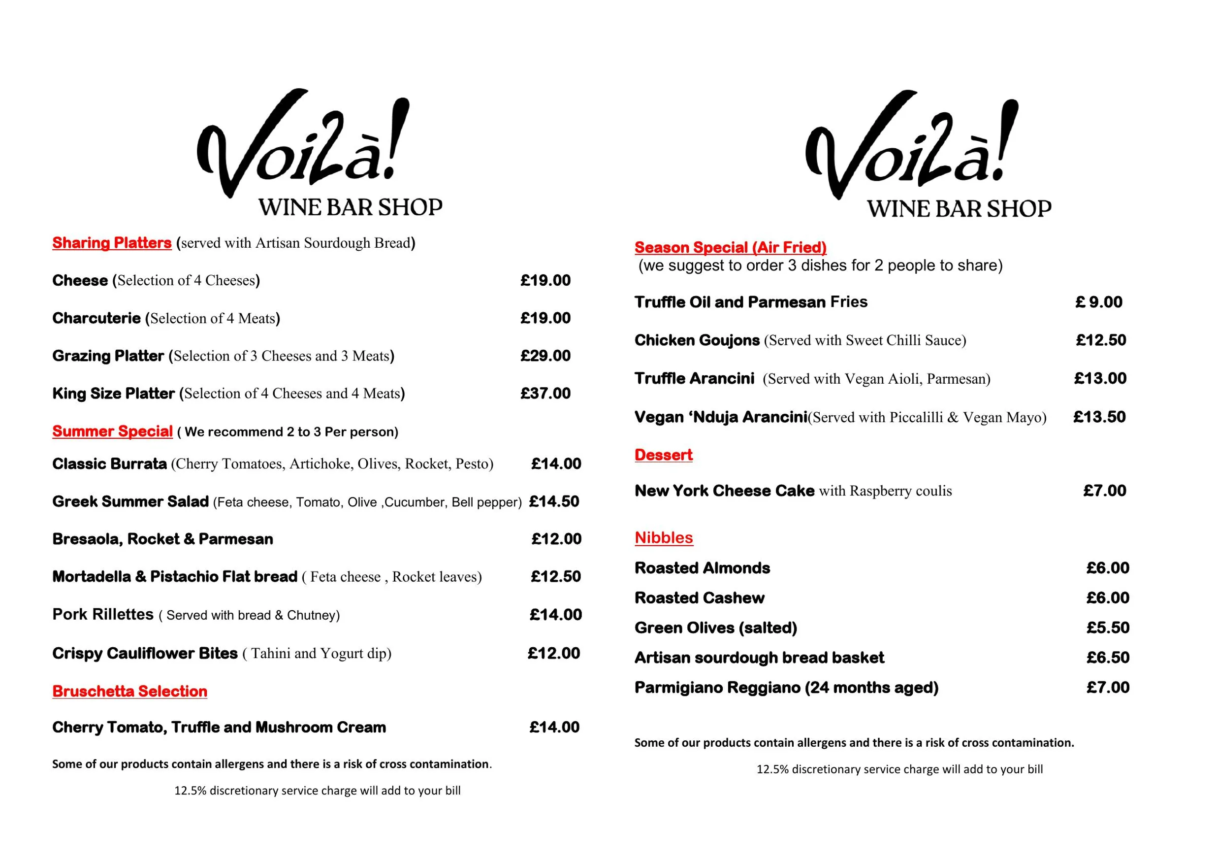 Voila! Wine Bar menu, page 1