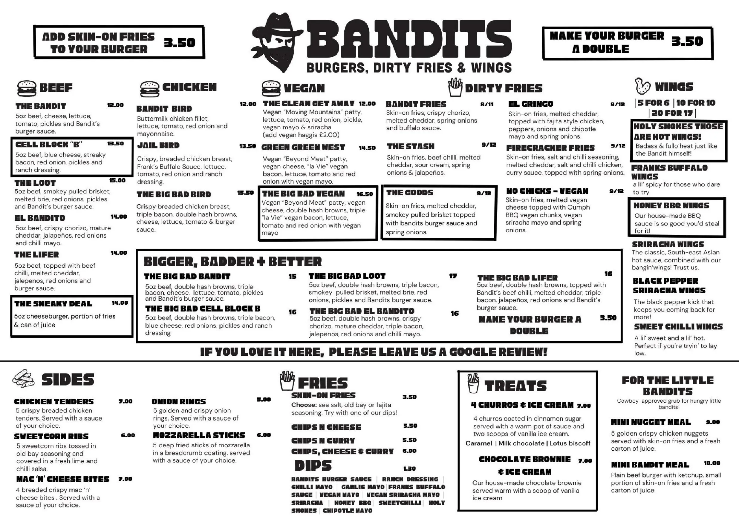 Bandit's Burgers menu, page 1