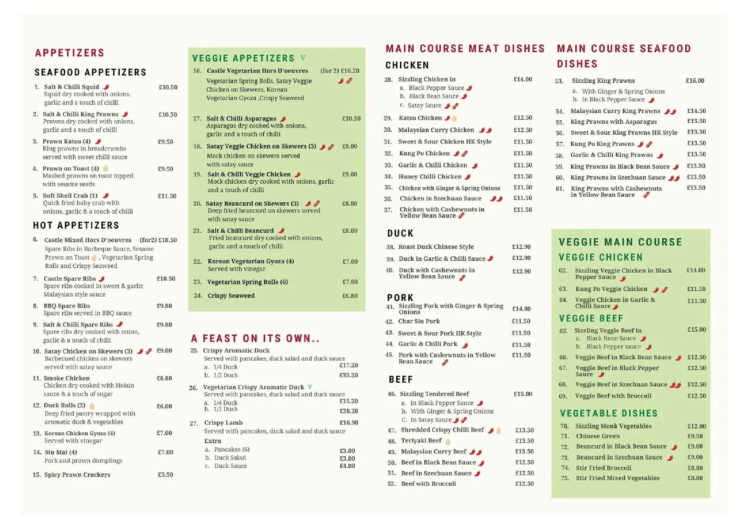 Castle Chinese menu, page 1