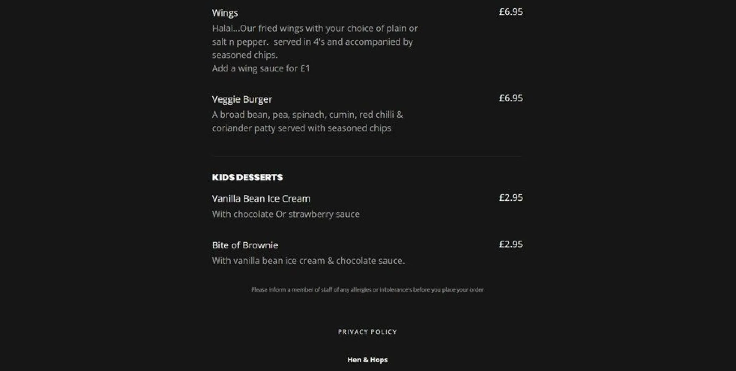 Hen & Hops menu, page 10