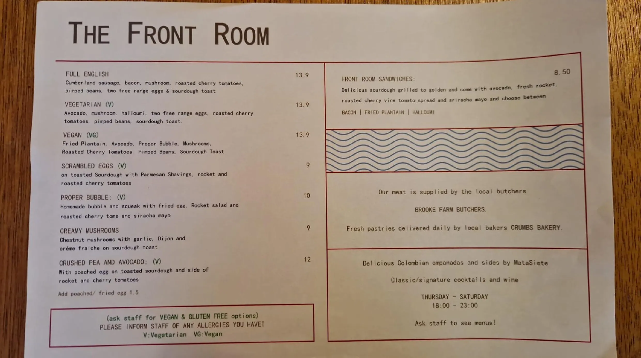 The Front Room menu, page 1
