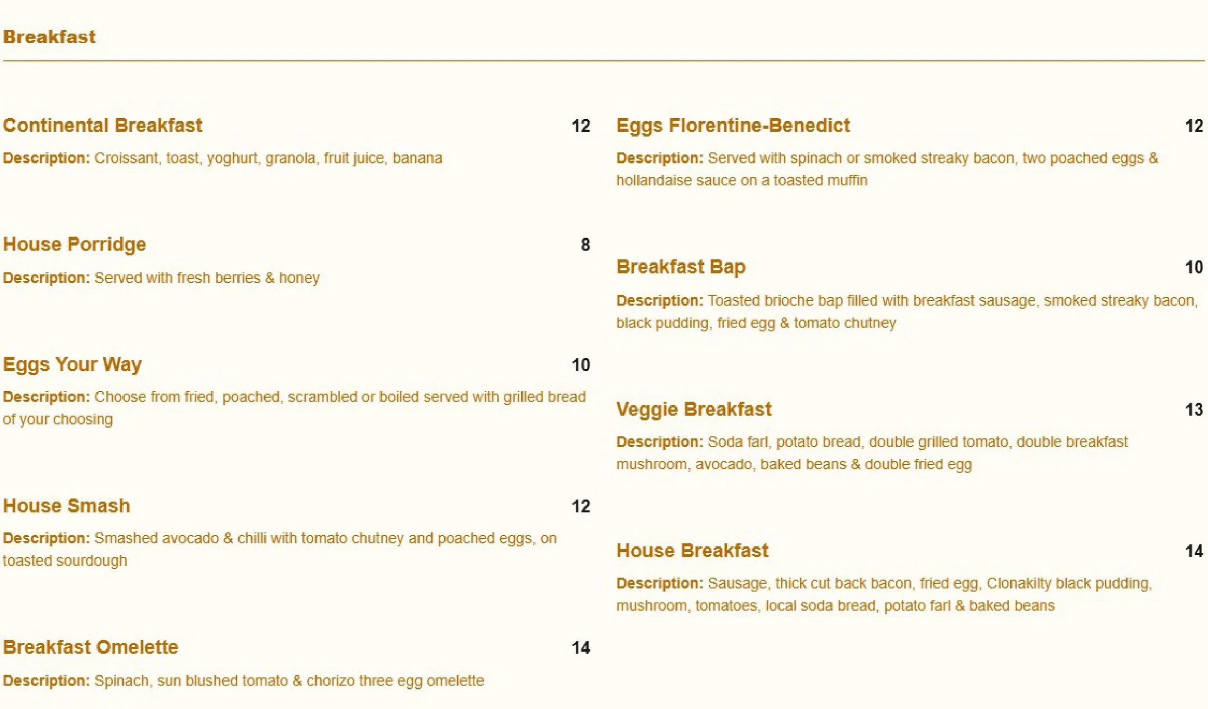 House Belfast menu, page 1