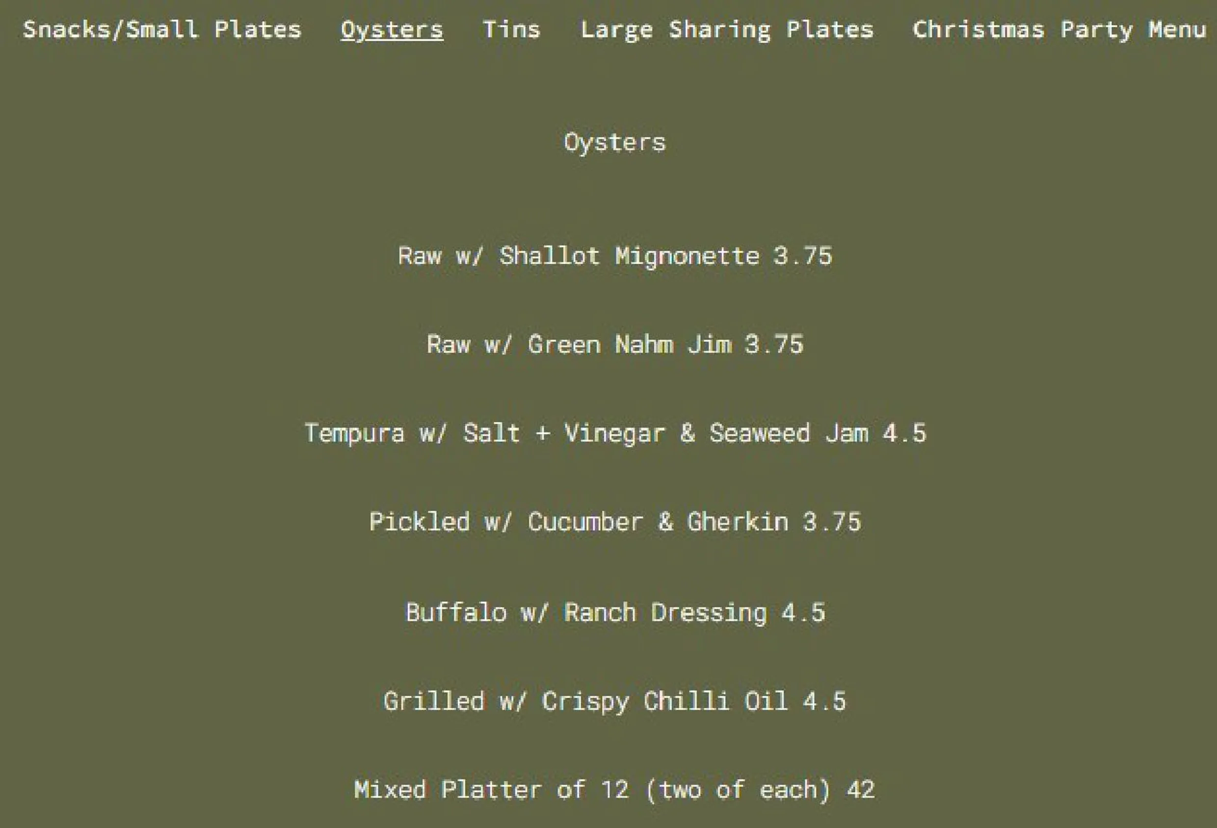 One Fish Street menu, page 2