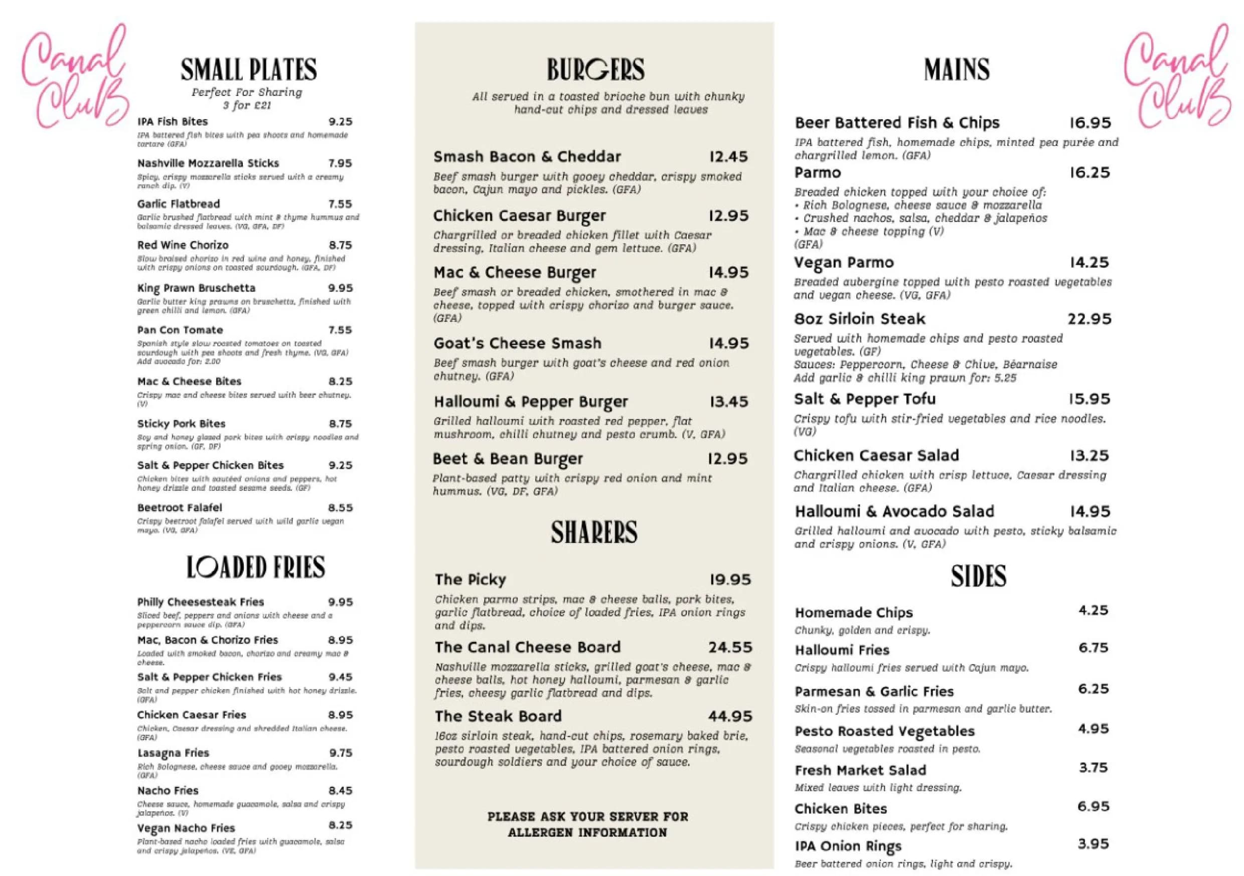 Canal Club menu, page 1