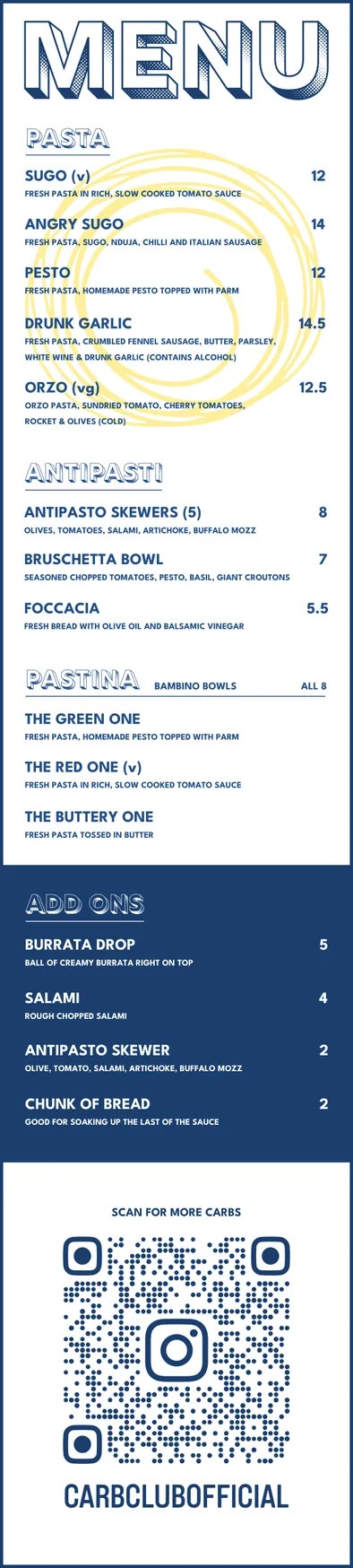 The Carb Club menu, page 1