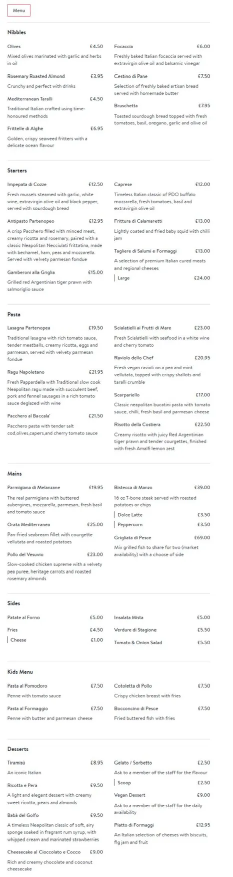 Osteria Partenopea menu, page 1