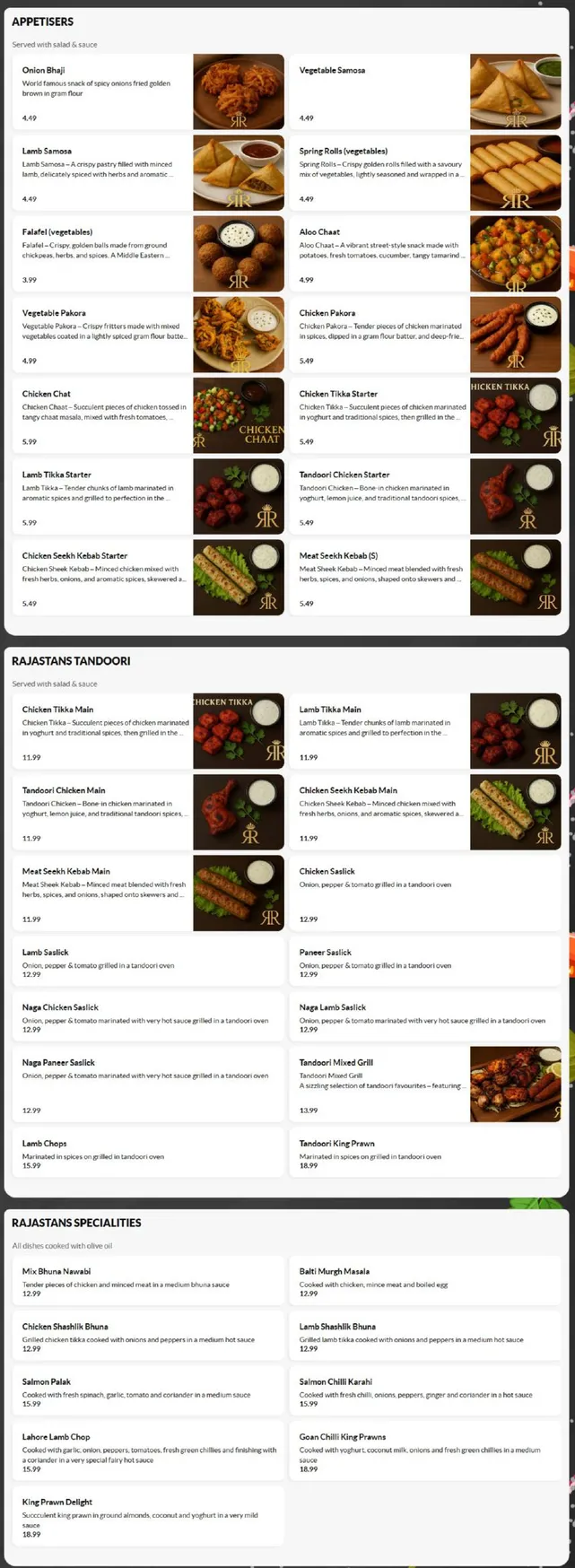 Rajastan Royal menu, page 2