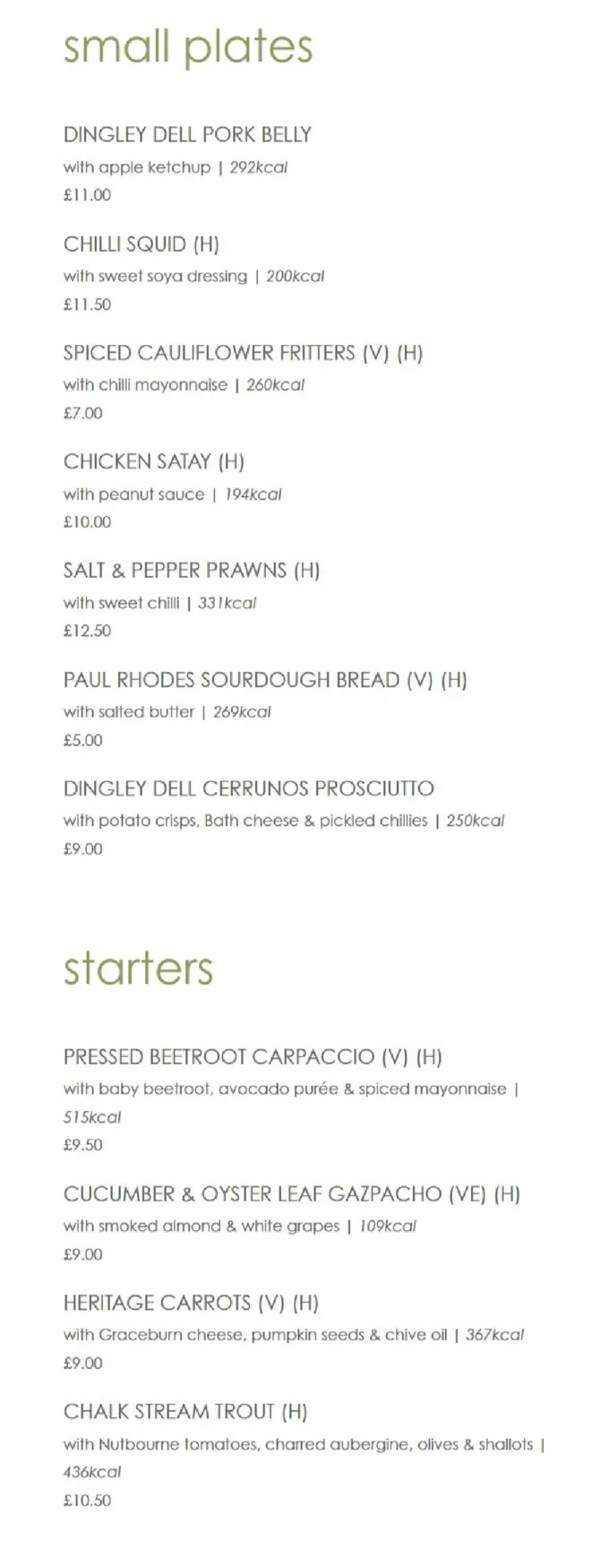 Origin Kensington menu, page 1