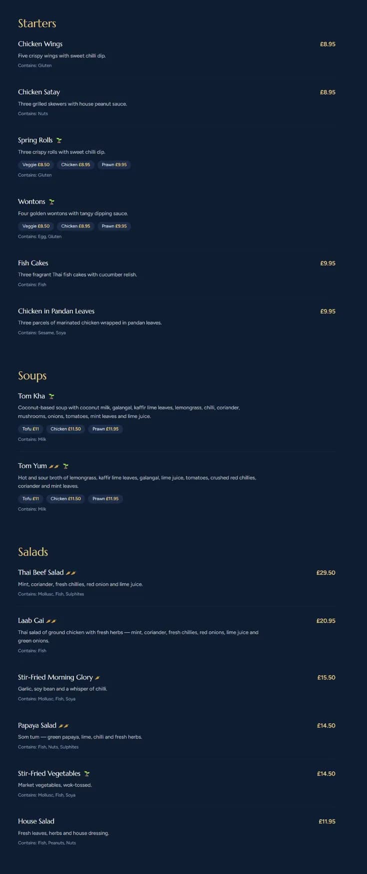 The Thai Bar & Restaurant menu, page 1