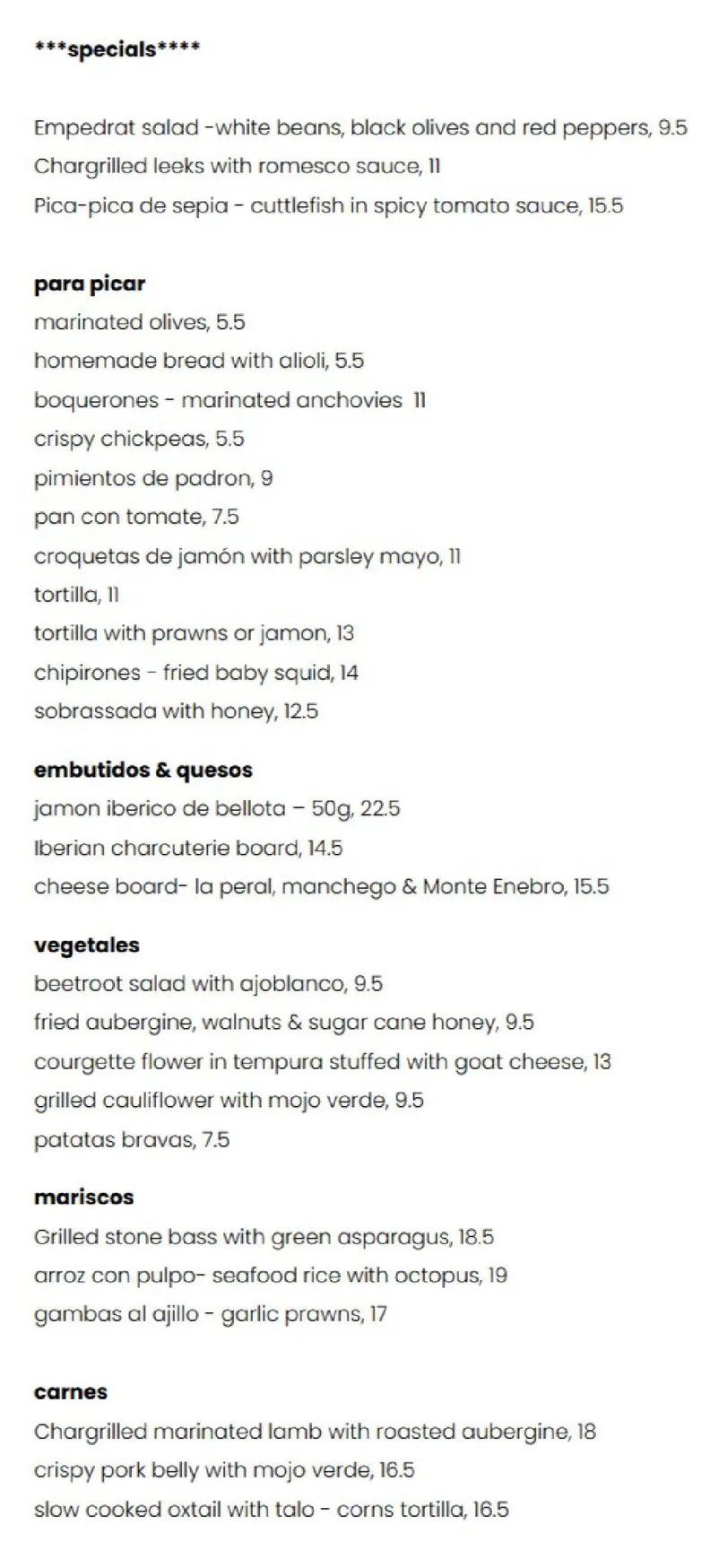 bar esteban menu, page 1