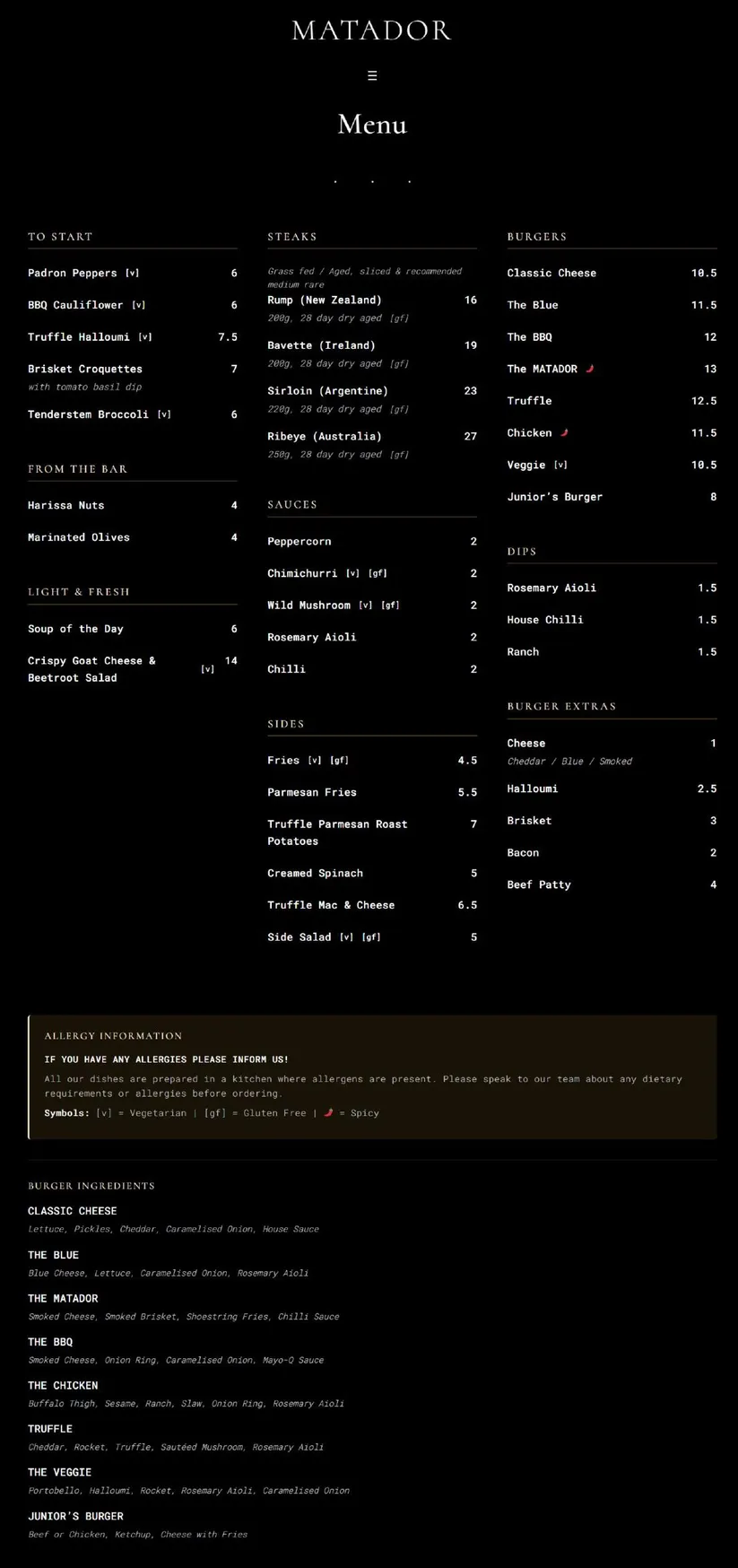 Matador menu, page 1