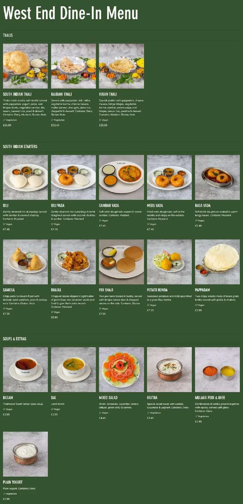 Sagar West End menu, page 1
