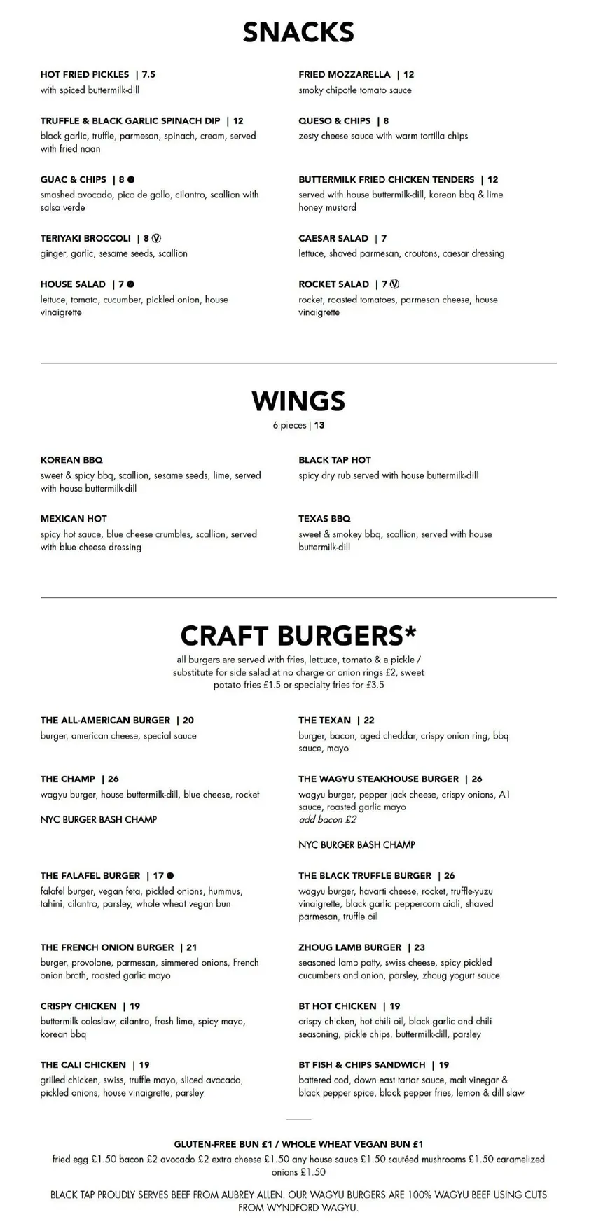 Black Tap menu, page 1