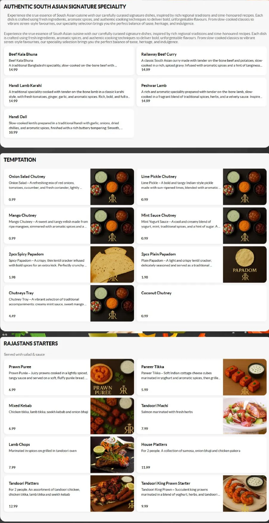 Rajastan Royal menu, page 1