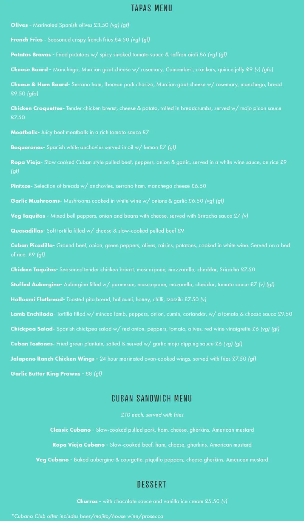 The Cuban Embassy (at the Bulls Head) menu, page 1