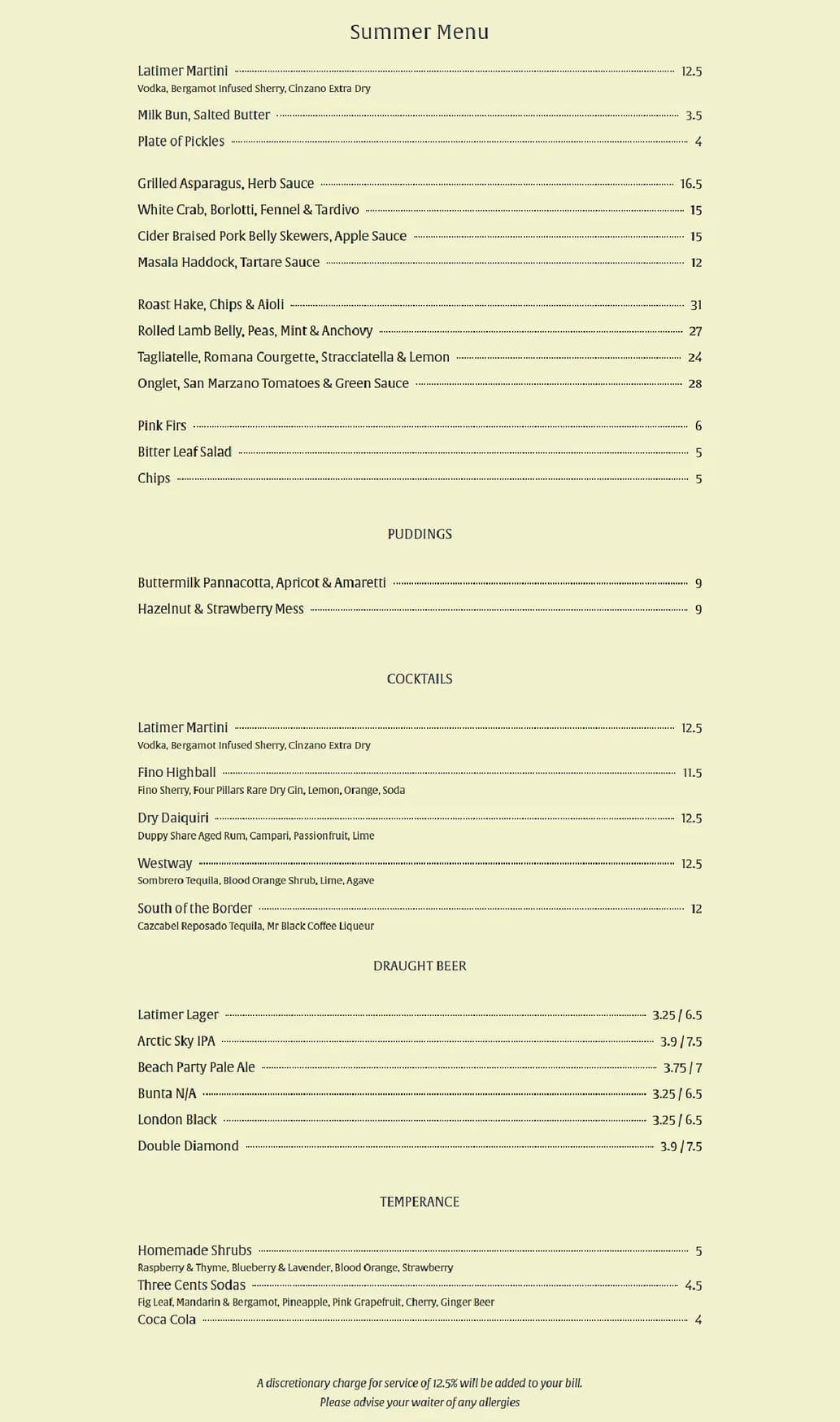The Latimer Pub & Restaurant menu, page 1