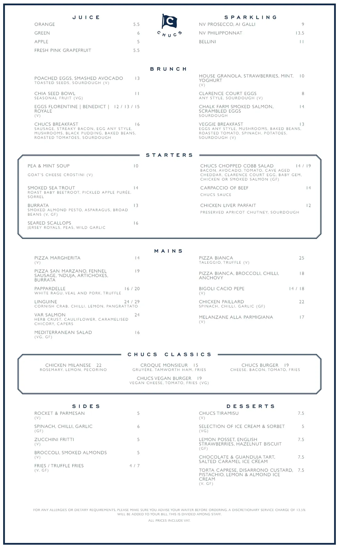 Chucs Westbourne Grove menu, page 2