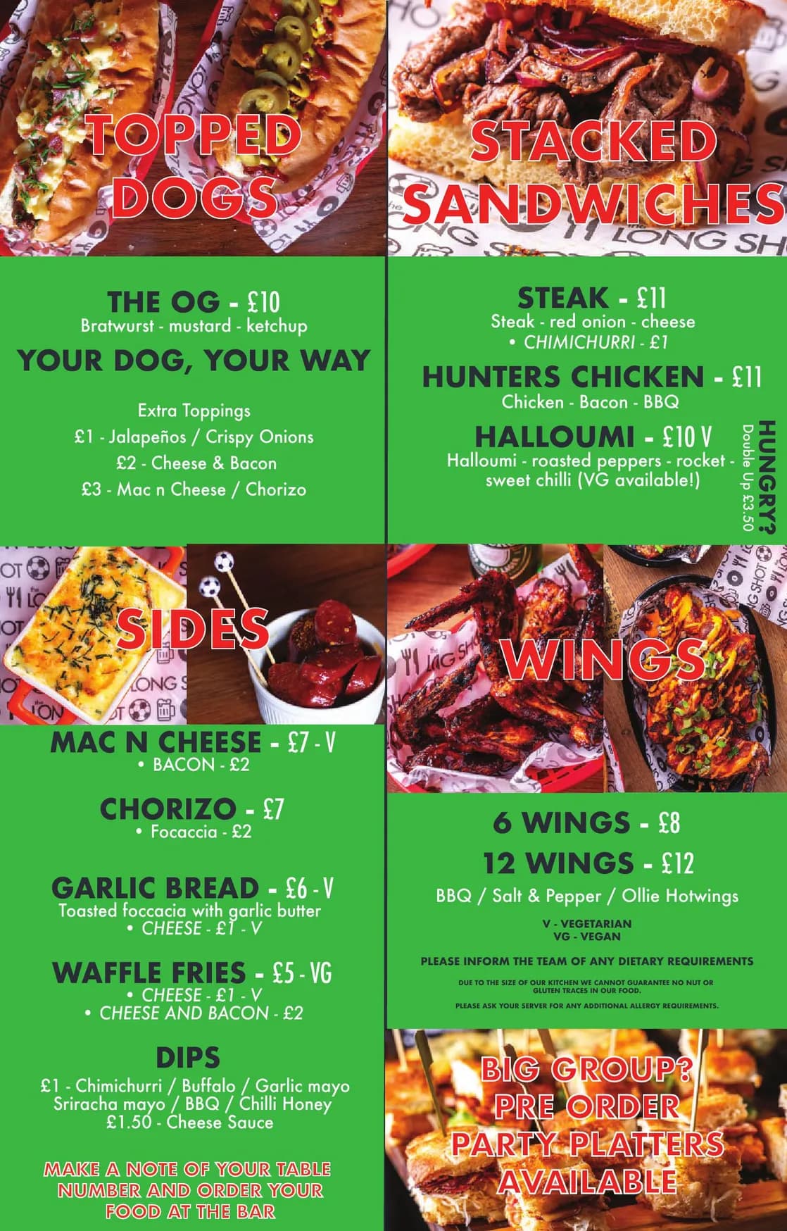 The Long Shot menu, page 1
