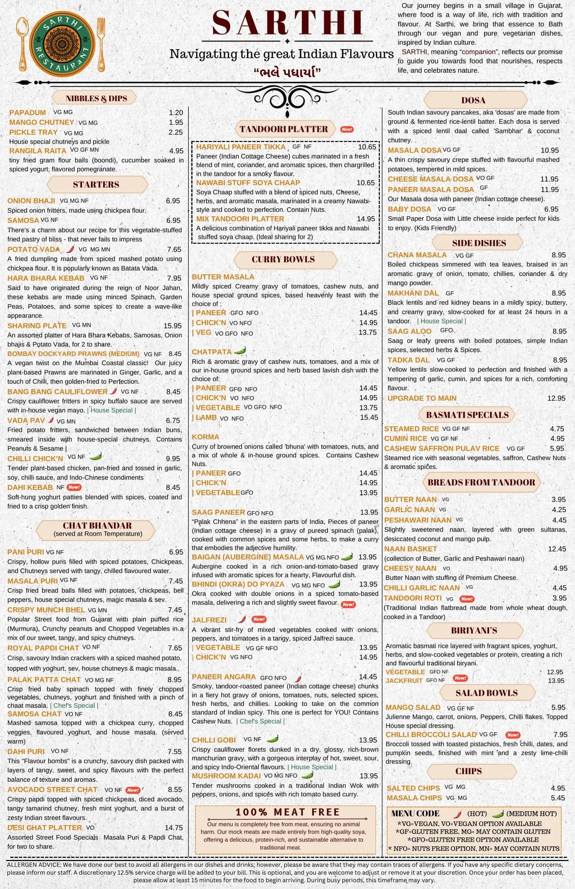Sarthi Authentic Indian menu, page 1