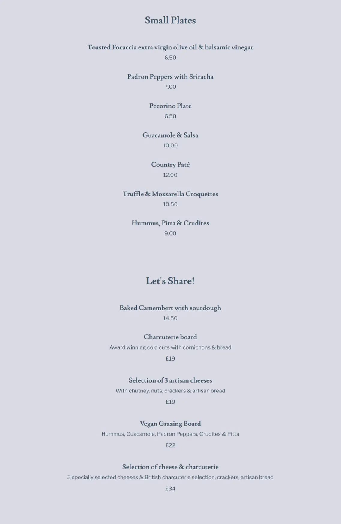The Wine Room menu, page 2