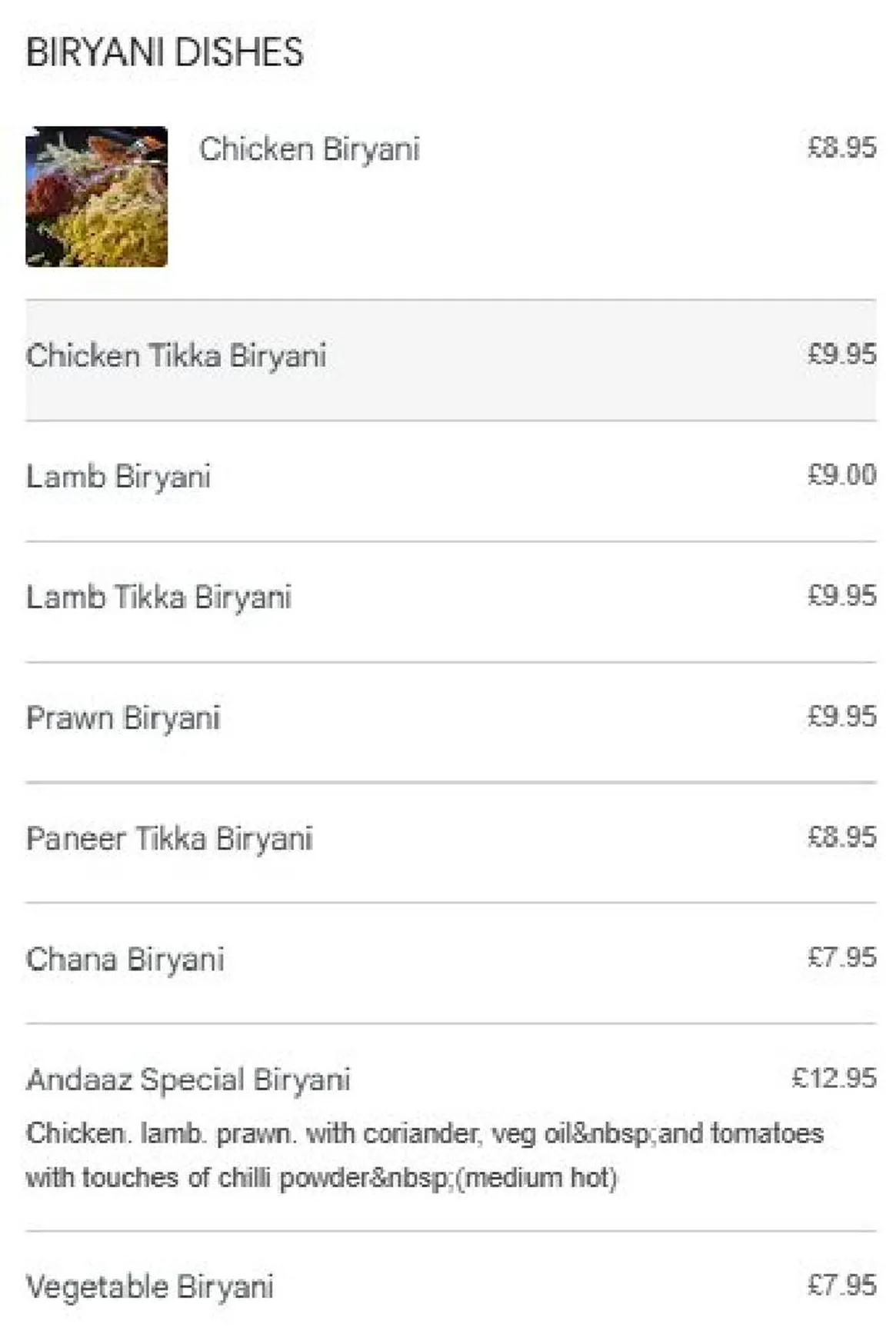 Andaaz menu, page 8