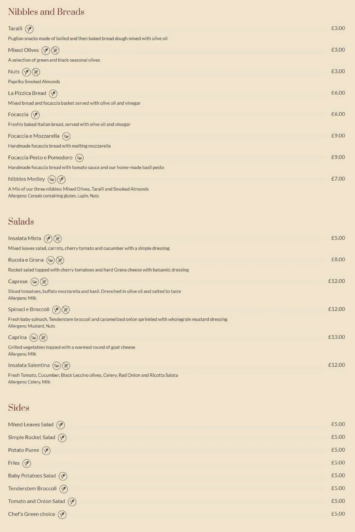 La Pizzica Restaurant menu, page 1