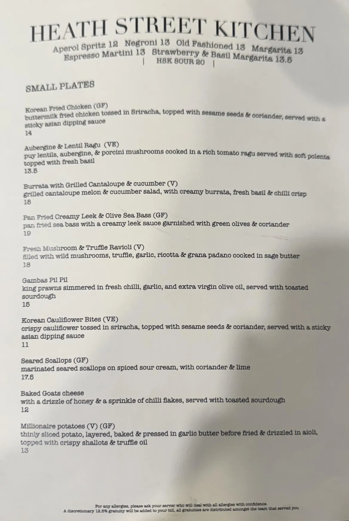 Heath Street Kitchen menu, page 1