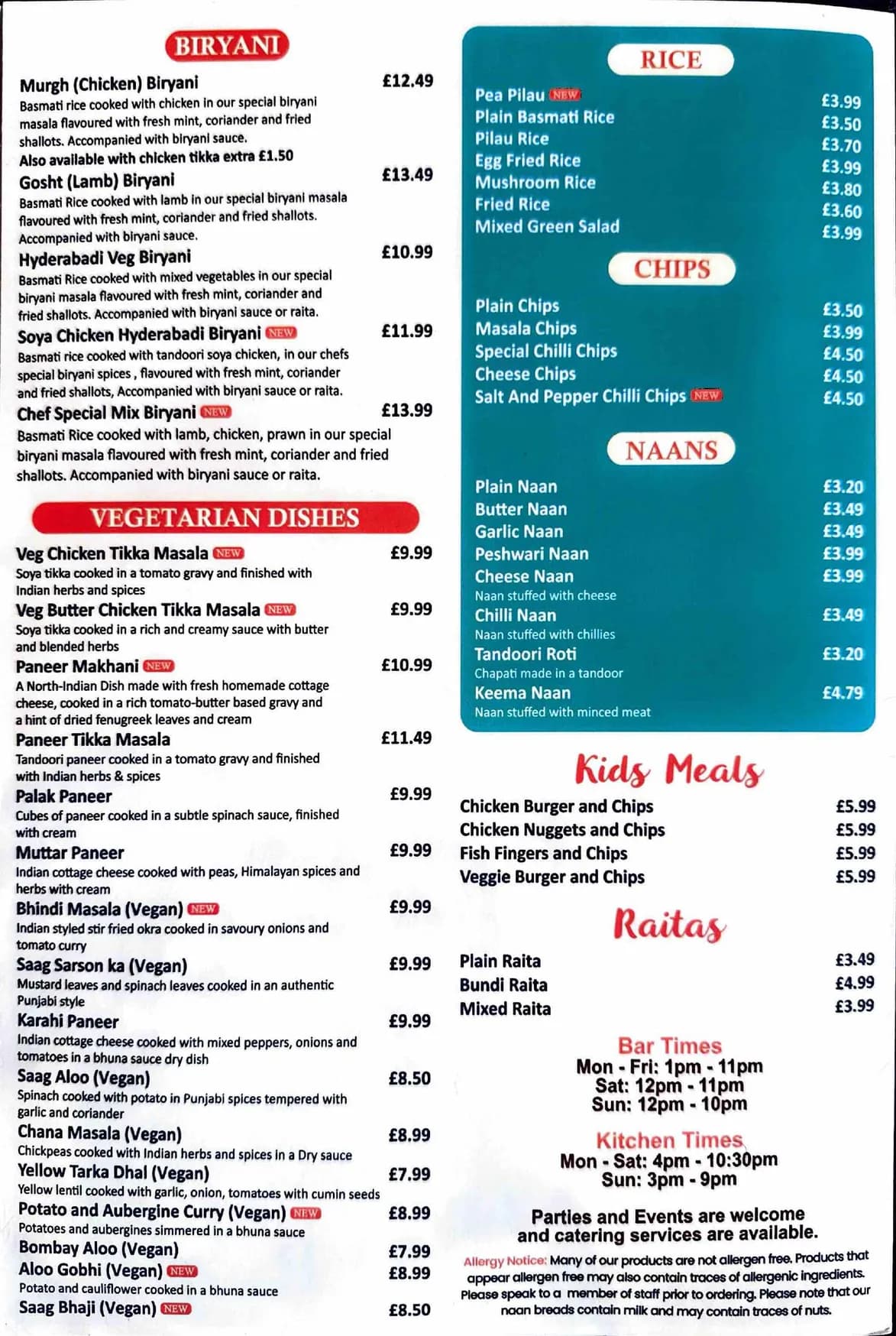 Shenstone Country Club menu, page 4