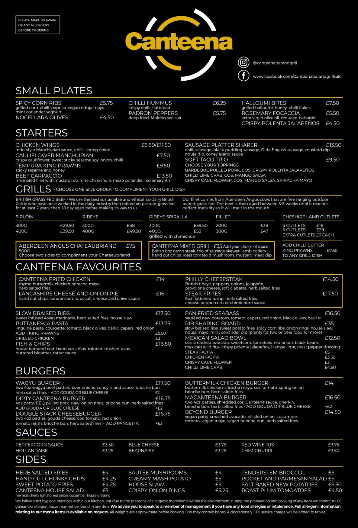 Canteena Bar & Grill menu, page 1