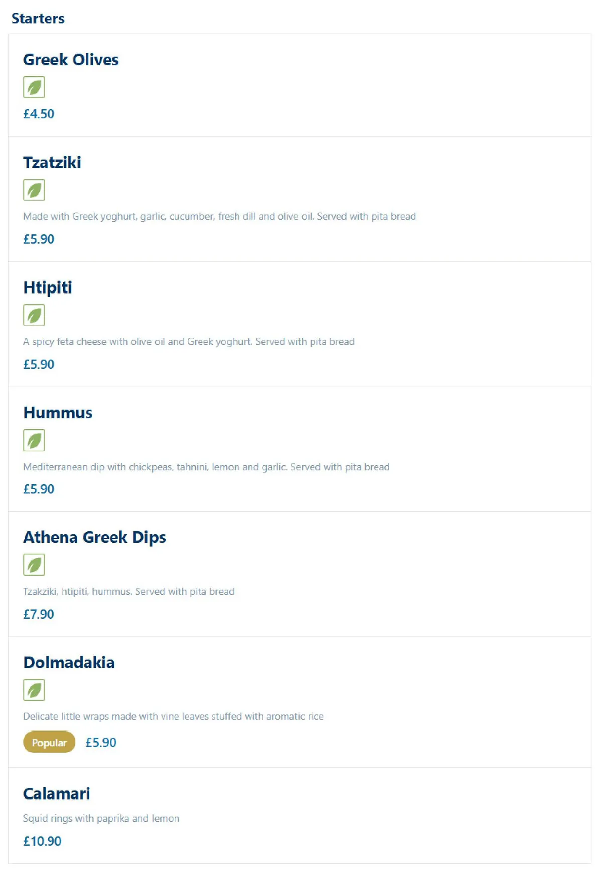 Art's Greek Cuisine menu, page 1