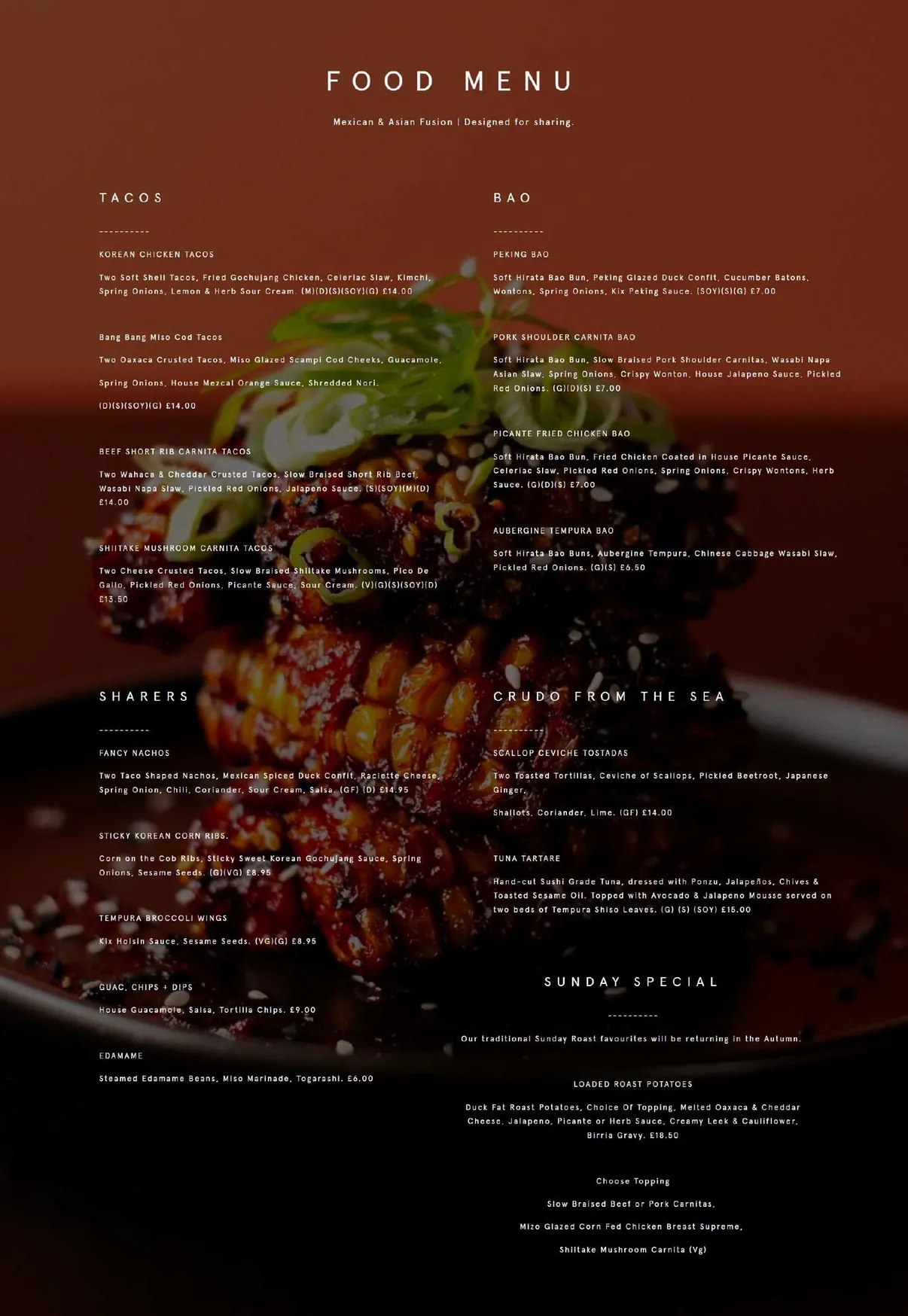 Kix Bar + Kitchen menu, page 1