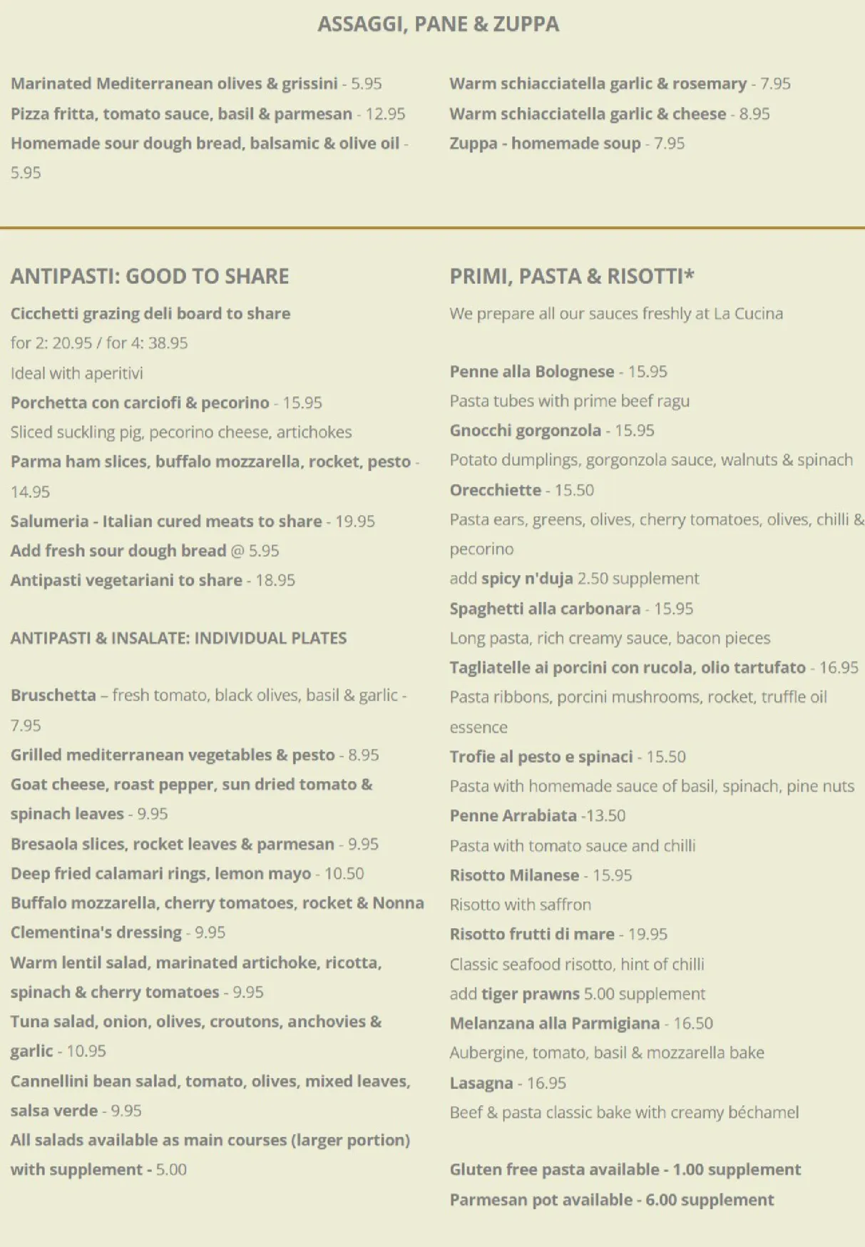 La Cucina menu, page 1