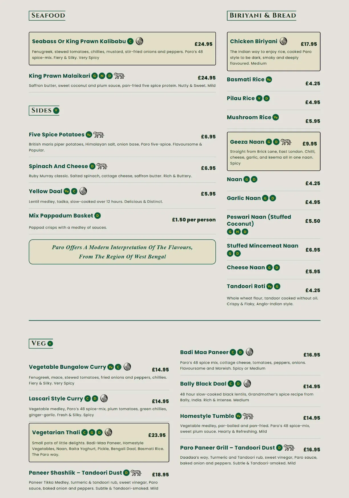 Paro Indian menu, page 2