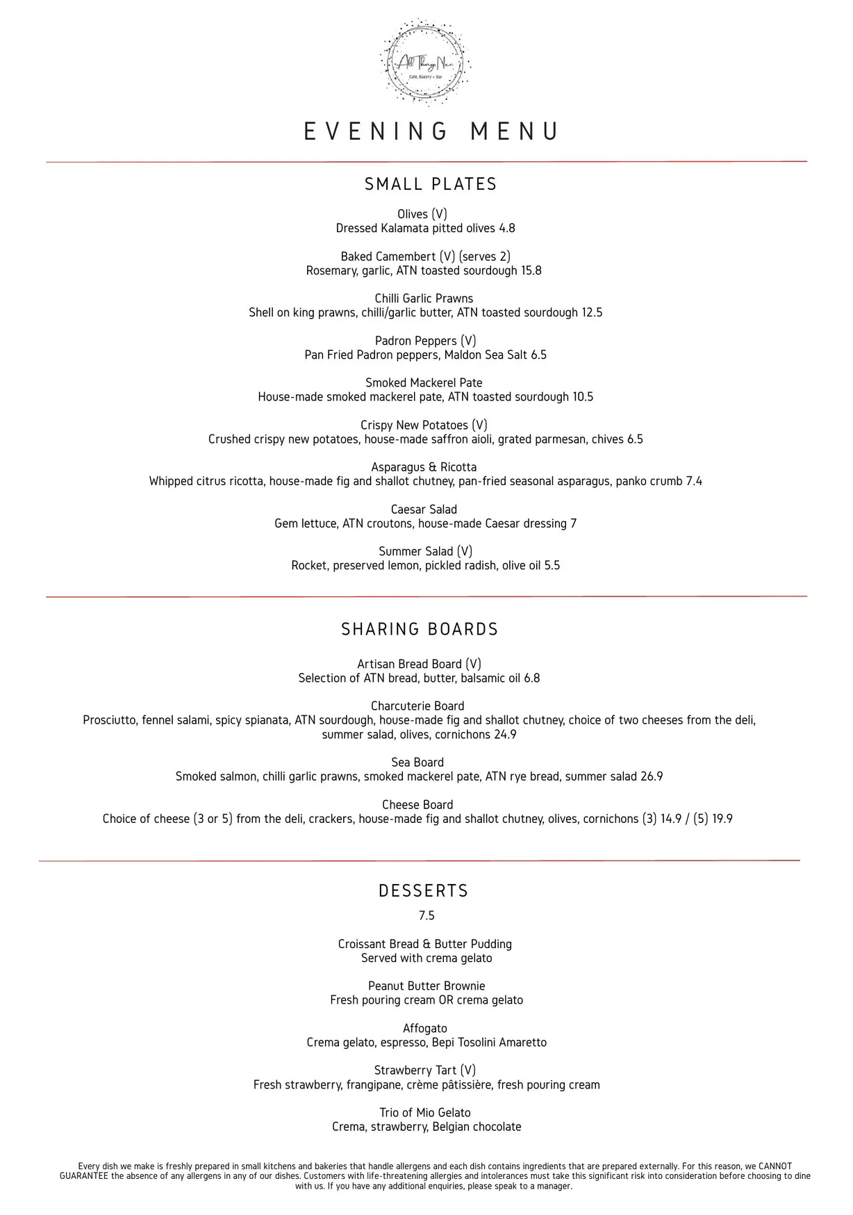 All Things Nice menu, page 1