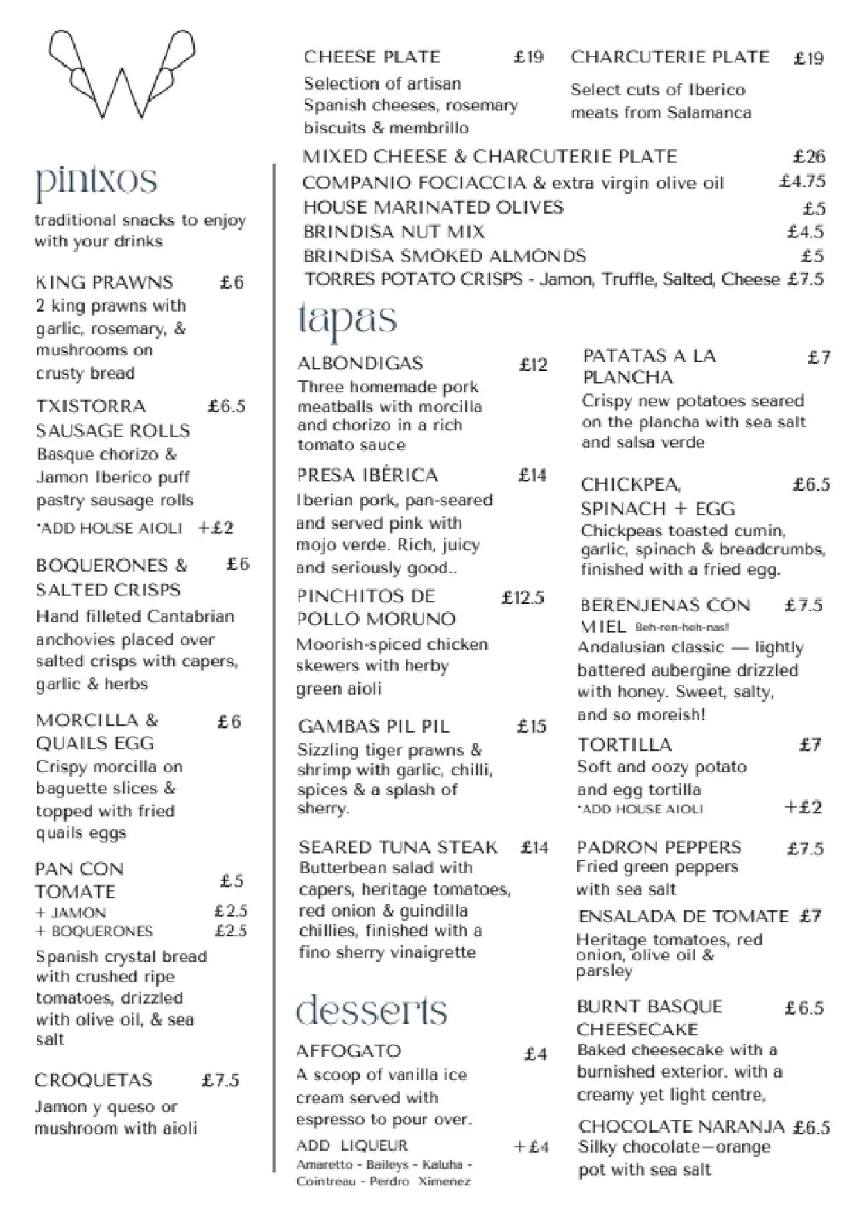 The Beeswing menu, page 1
