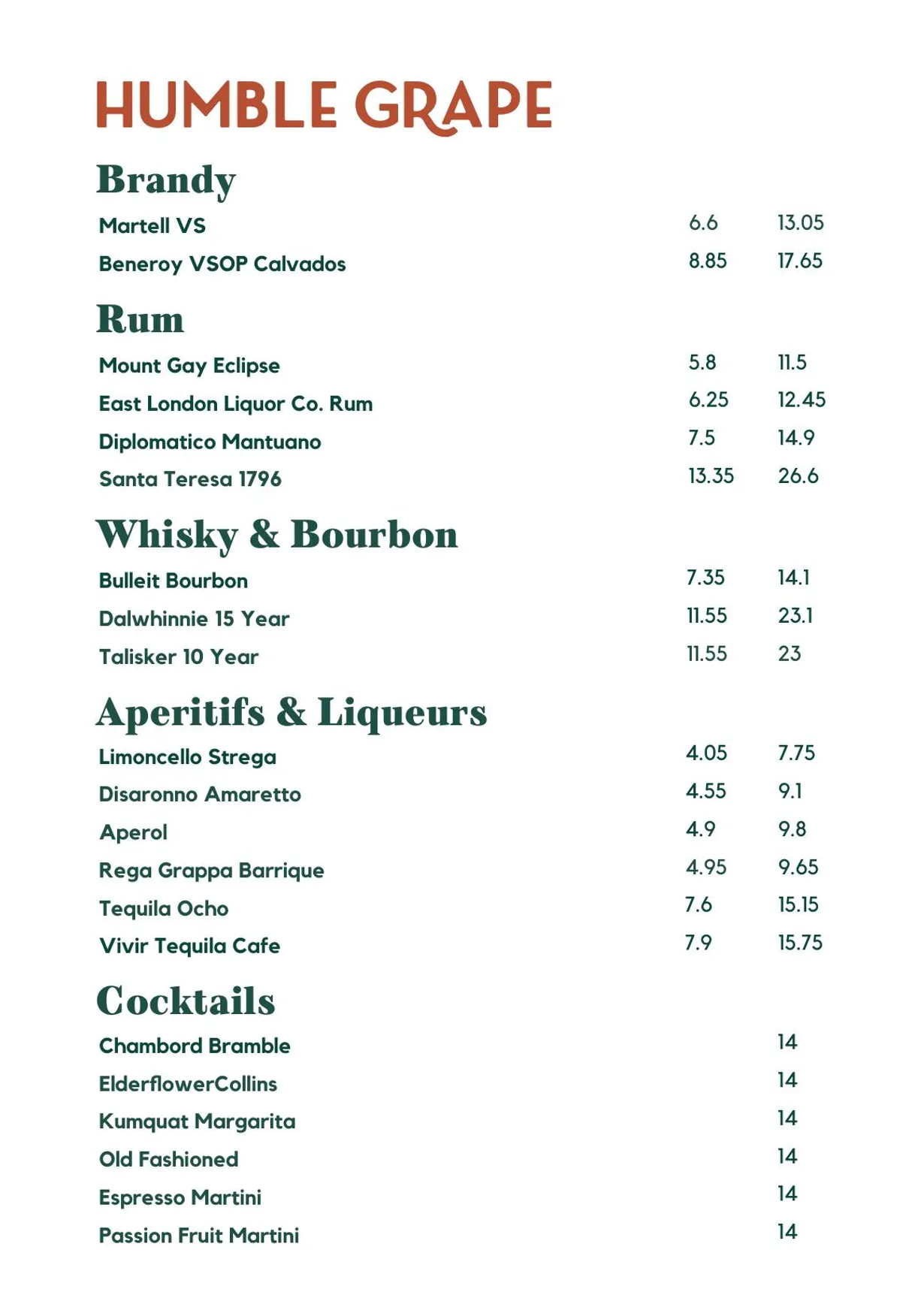 Humble Grape Canary Wharf menu, page 2