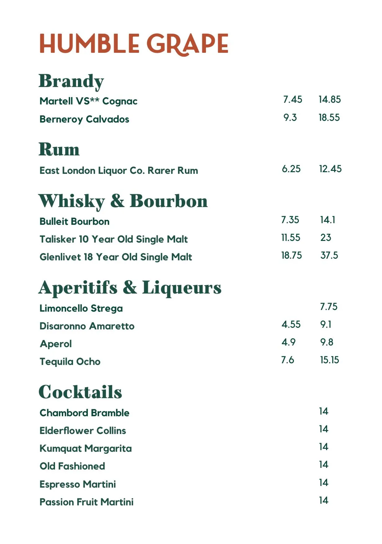 Humble Grape Liverpool Street menu, page 2